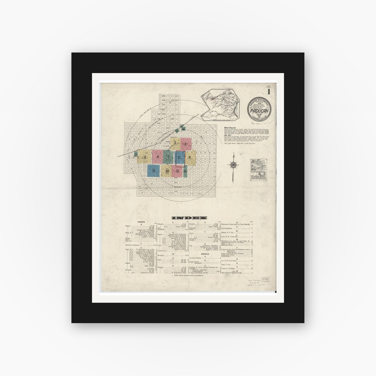 Old map wall art mockup — black gallery frame with white mat — Sanborn Fire Insurance Map from Paducah, Cottle County, Texas (1921), Sheet #0001