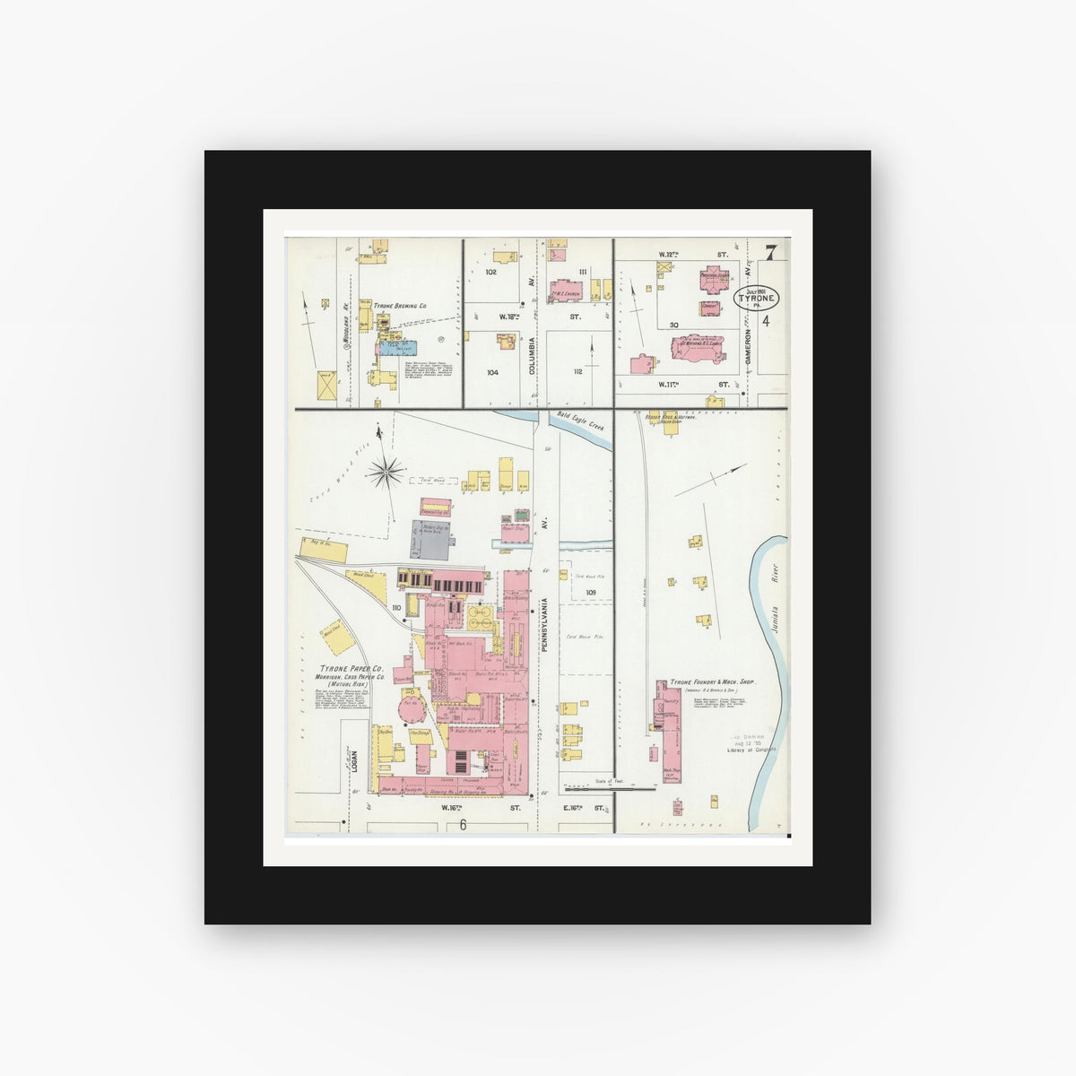 Old map wall art mockup — black gallery frame with white mat — Sanborn Fire Insurance Map from Tyrone, Blair County, Pennsylvania (1901), Sheet #0007