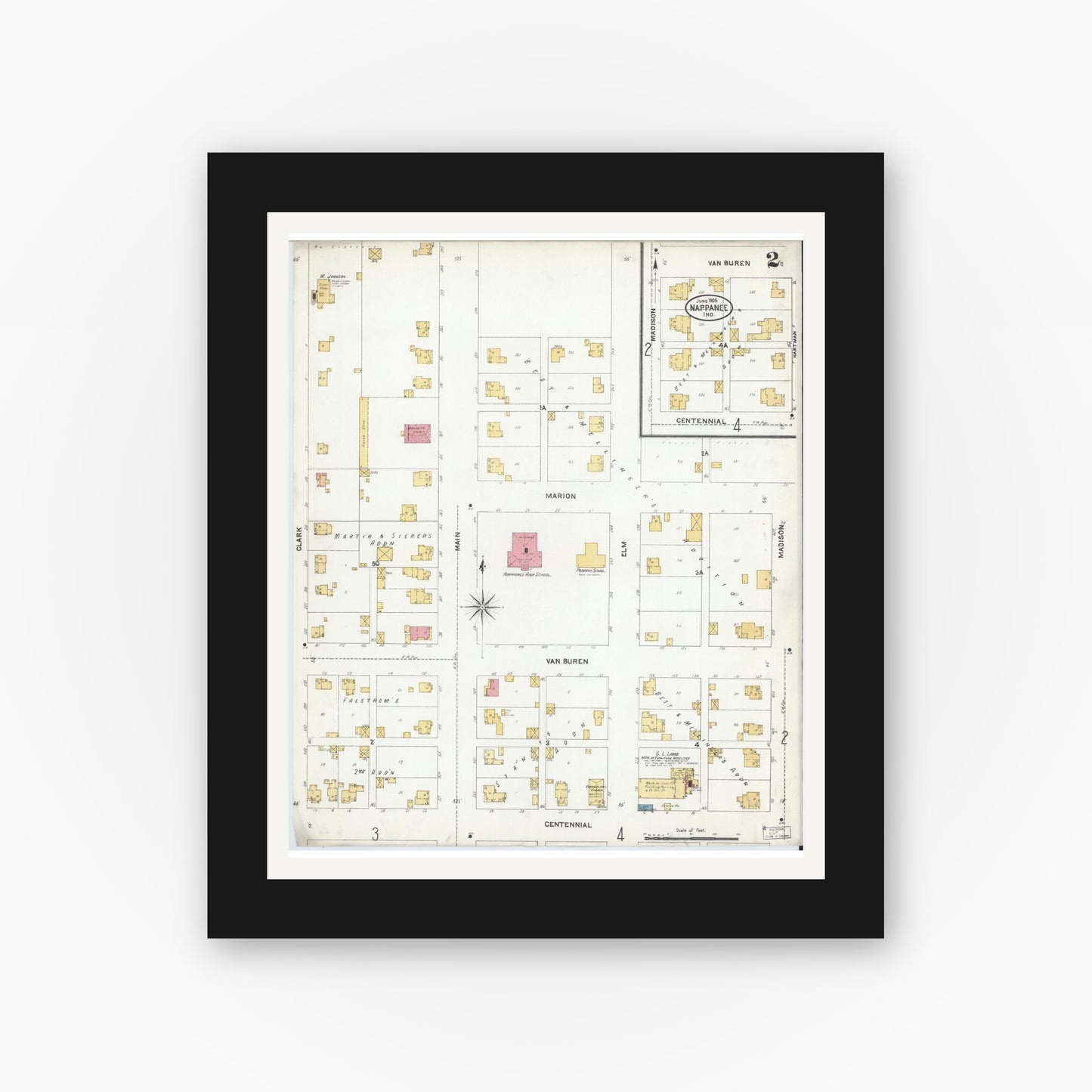 Old map wall art mockup — black gallery frame with white mat — Sanborn Fire Insurance Map from Nappanee, Elkhart County, Indiana (1905), Sheet #0002