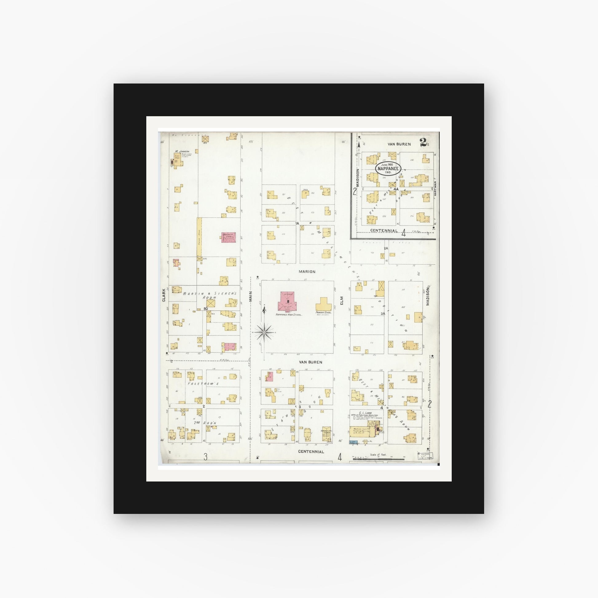 Old map wall art mockup — black gallery frame with white mat — Sanborn Fire Insurance Map from Nappanee, Elkhart County, Indiana (1905), Sheet #0002