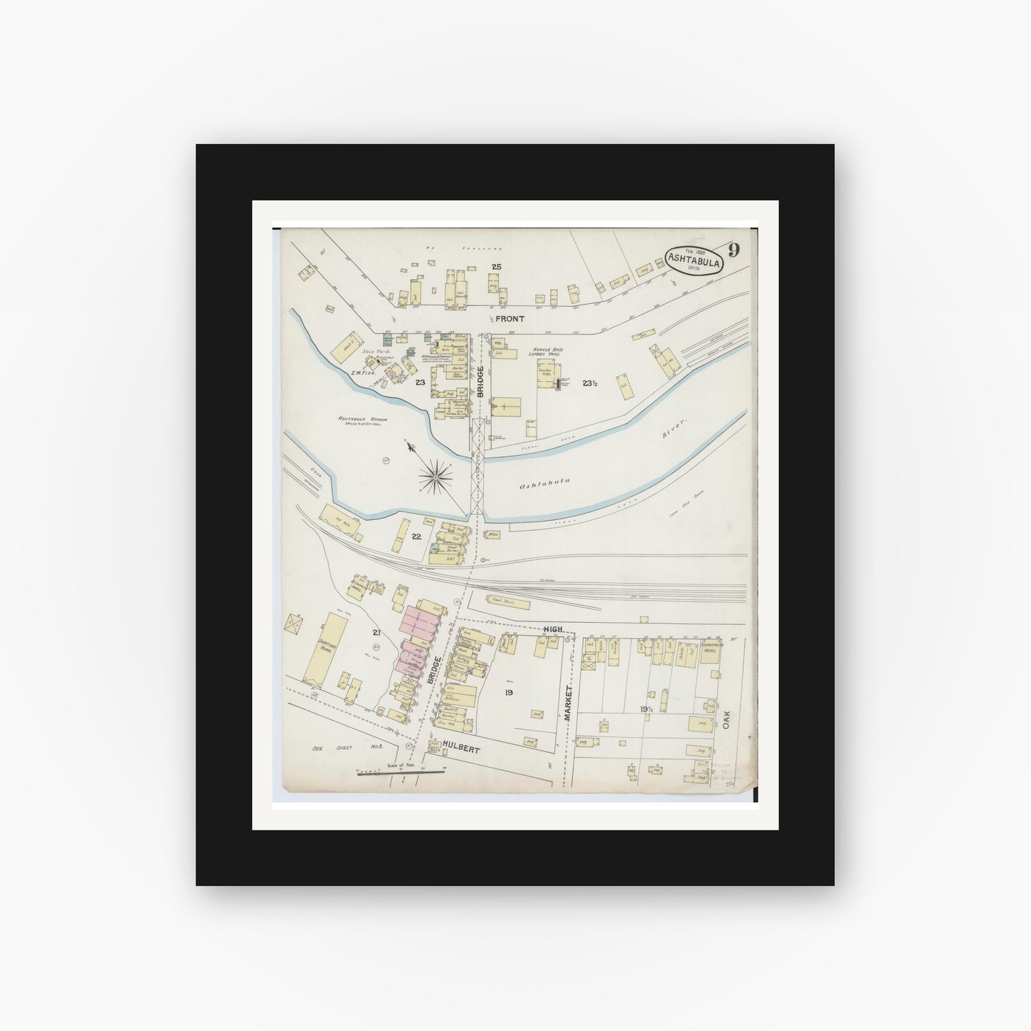 Old map wall art mockup — black gallery frame with white mat — Sanborn Fire Insurance Map from Ashtabula, Ashtabula County, Ohio (1889), Sheet #0009