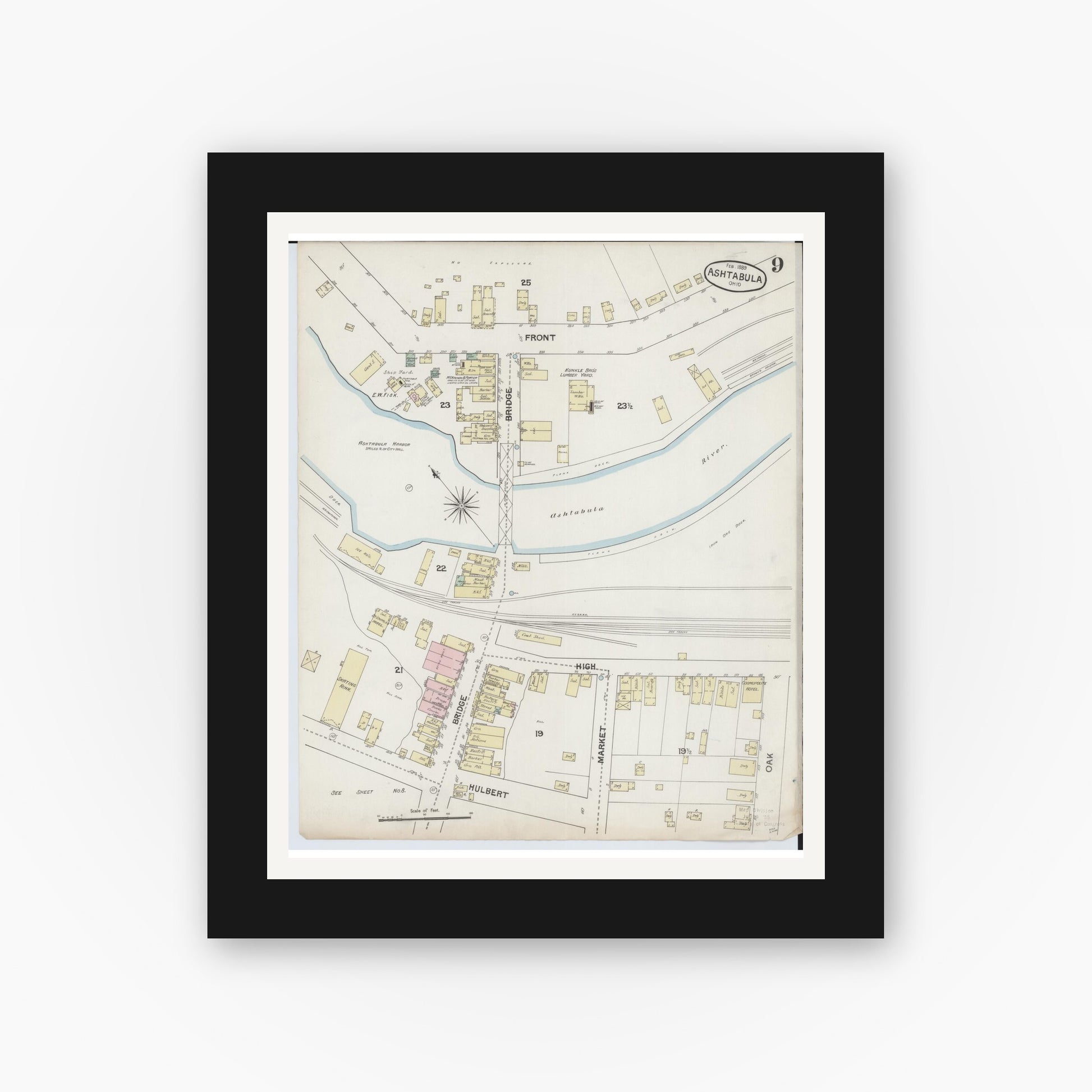 Old map wall art mockup — black gallery frame with white mat — Sanborn Fire Insurance Map from Ashtabula, Ashtabula County, Ohio (1889), Sheet #0009