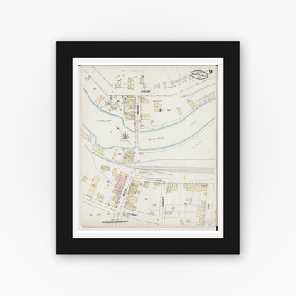 Old map wall art mockup — black gallery frame with white mat — Sanborn Fire Insurance Map from Ashtabula, Ashtabula County, Ohio (1889), Sheet #0009