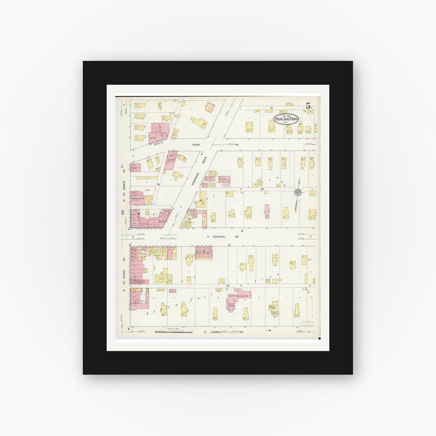 Old map wall art mockup — black gallery frame with white mat — Sanborn Fire Insurance Map from Highland Park, Lake County, Illinois (1912), Sheet #0005