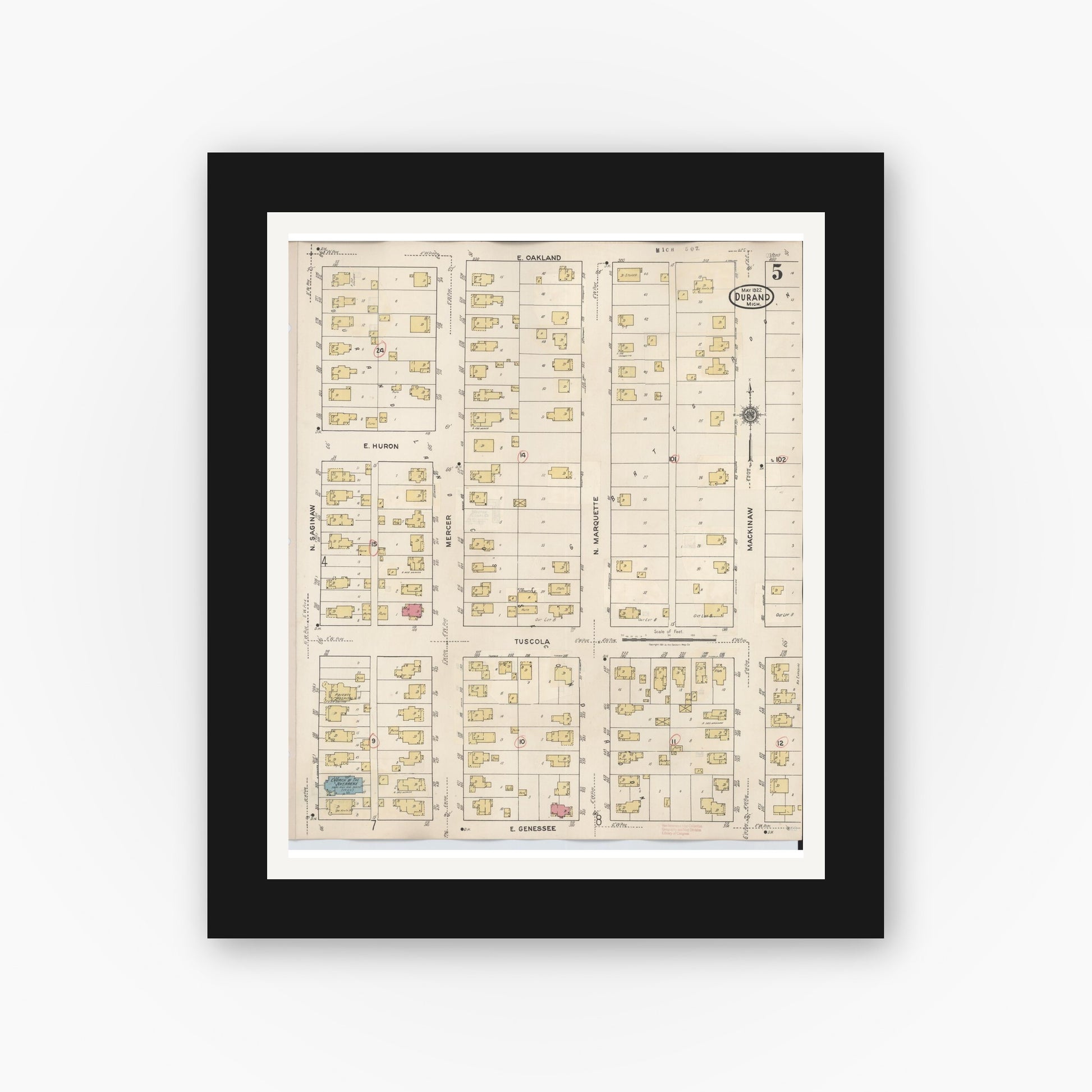 Old map wall art mockup — black gallery frame with white mat — Sanborn Fire Insurance Map from Durand, Shiawassee County, Michigan (1944), Sheet #0005