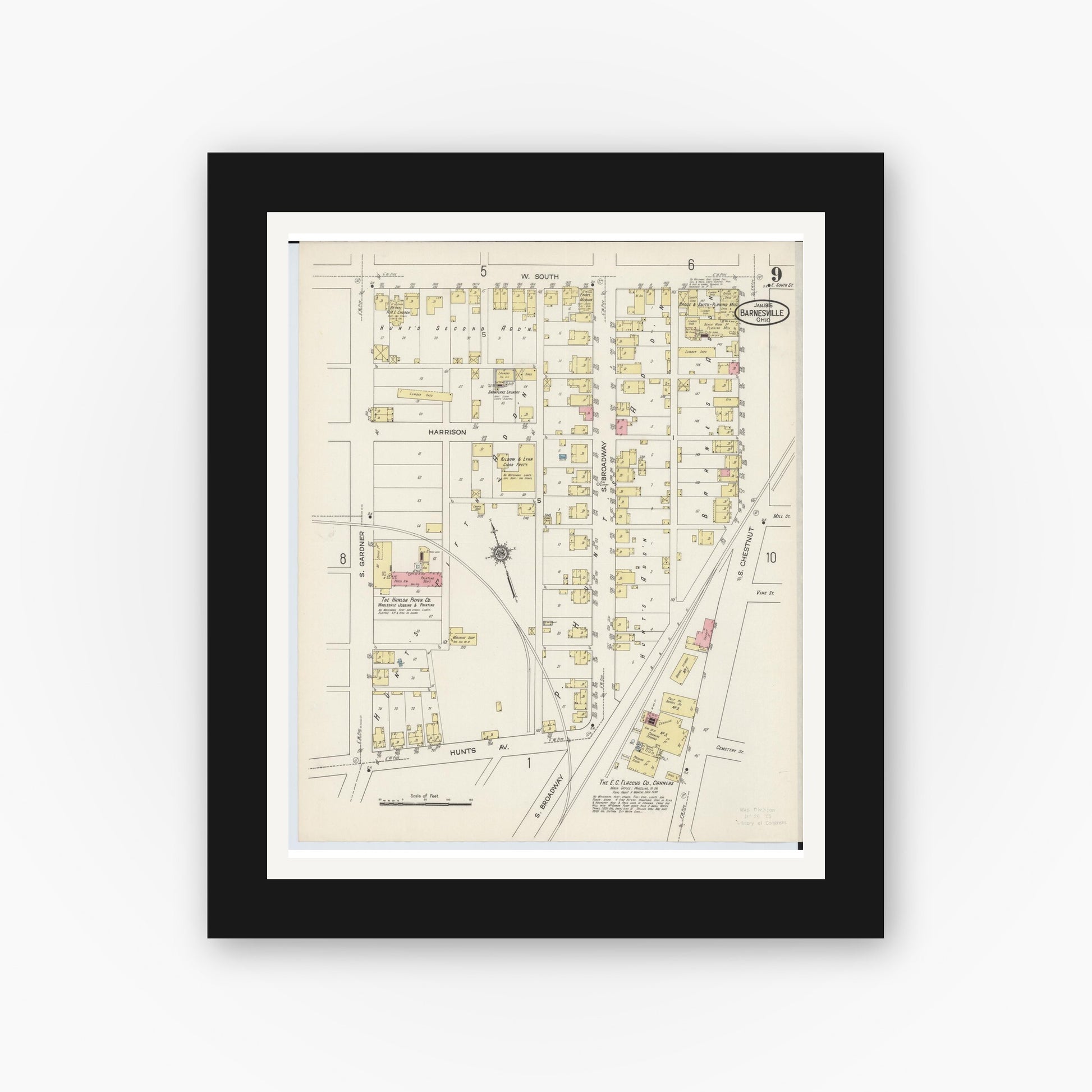 Old map wall art mockup — black gallery frame with white mat — Sanborn Fire Insurance Map from Barnesville, Belmont County, Ohio (1915), Sheet #0009
