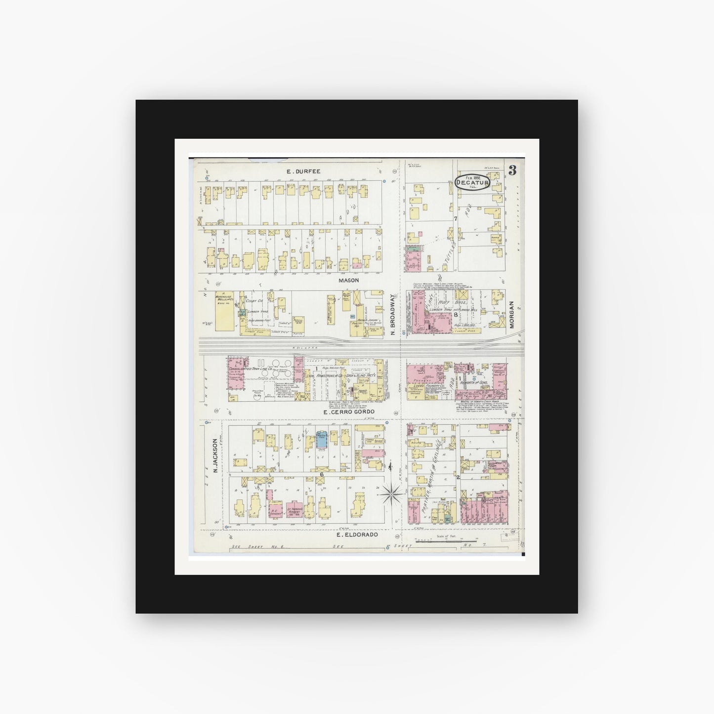 Old map wall art mockup — black gallery frame with white mat — Sanborn Fire Insurance Map from Decatur, Macon County, Illinois (1892), Sheet #0003