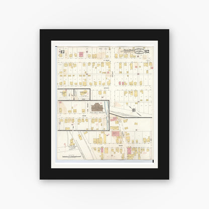 Old map wall art mockup — black gallery frame with white mat — Sanborn Fire Insurance Map from Caldwell, Noble County, Ohio (1932), Sheet #0012