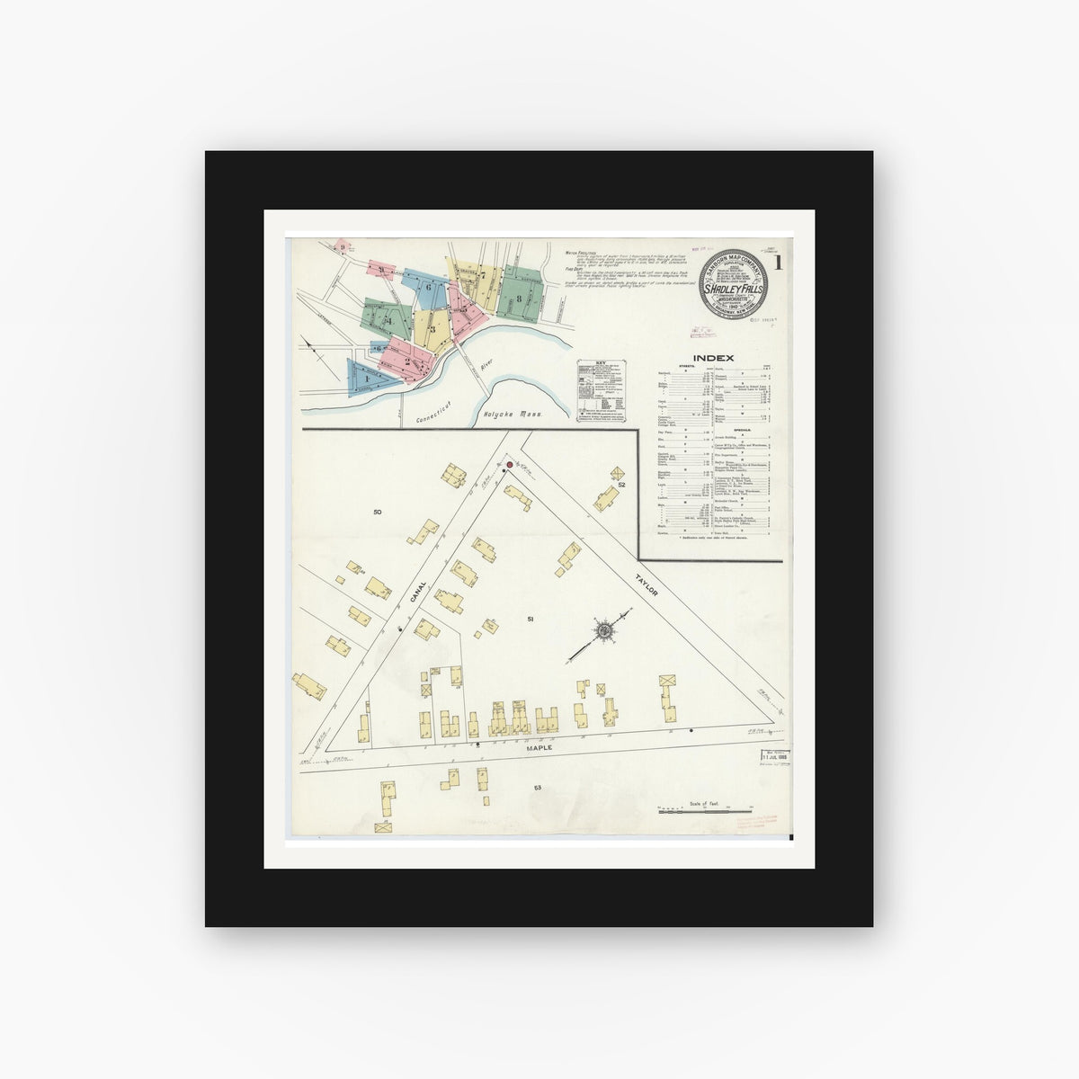 Old map wall art mockup — black gallery frame with white mat — Sanborn Fire Insurance Map from South Hadley Falls, Hampshire County, Massachusetts (1910) - Complete Map Set