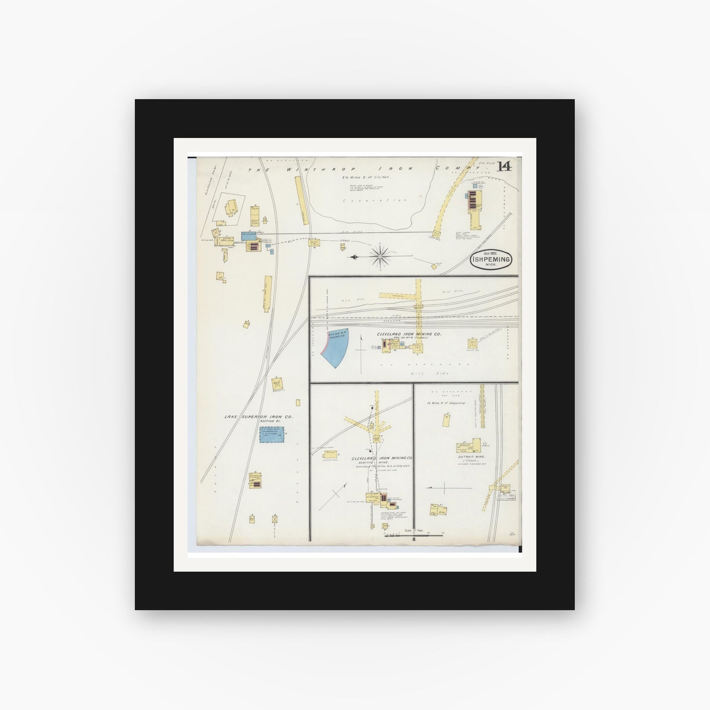 Old map wall art mockup — black gallery frame with white mat — Sanborn Fire Insurance Map from Ishpeming, Marquette County, Michigan (1892), Sheet #0014