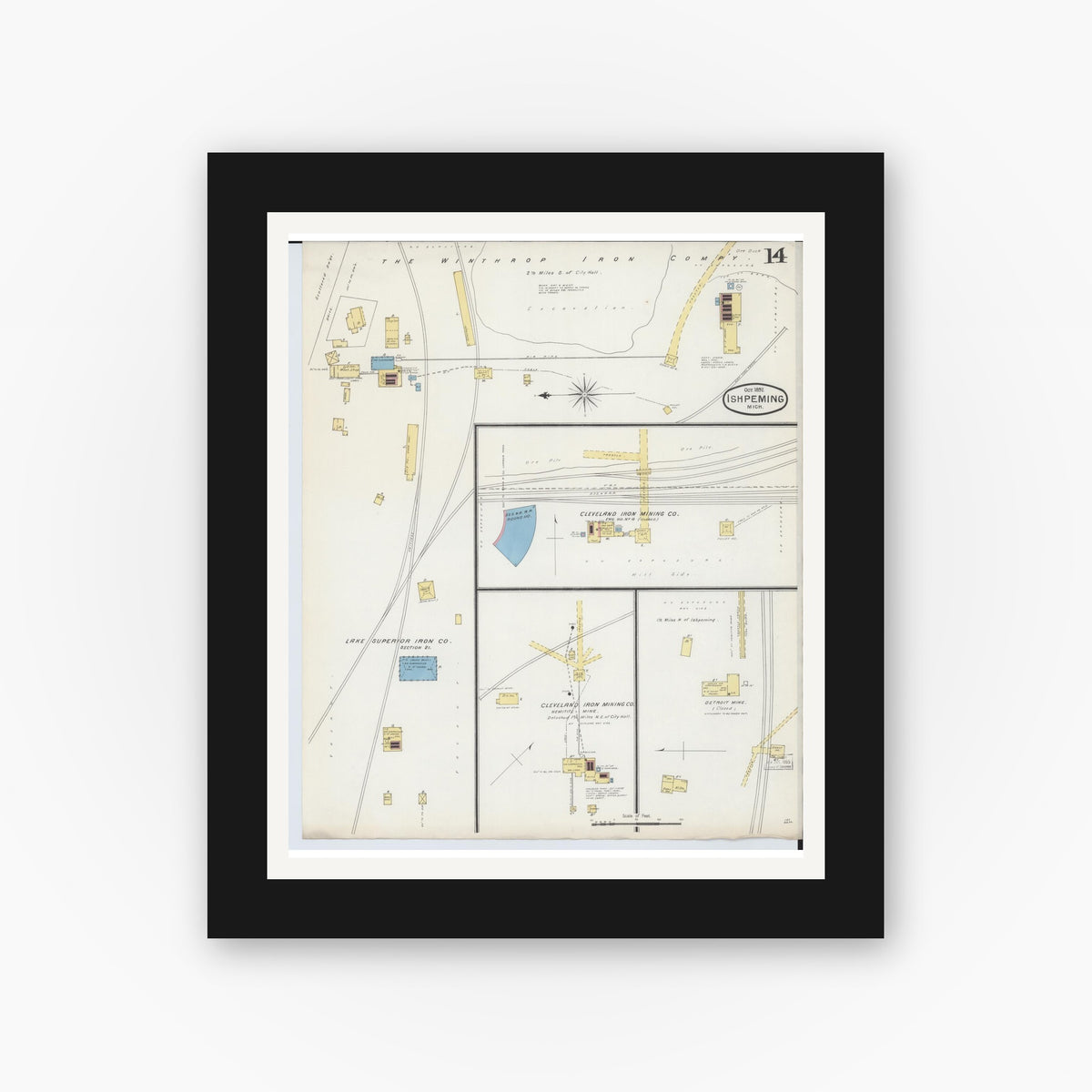 Old map wall art mockup — black gallery frame with white mat — Sanborn Fire Insurance Map from Ishpeming, Marquette County, Michigan (1892), Sheet #0014