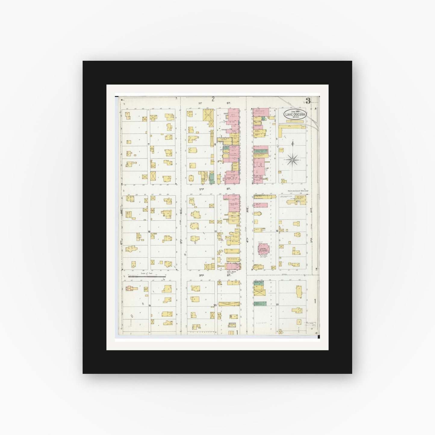 Old map wall art mockup — black gallery frame with white mat — Sanborn Fire Insurance Map from Lake Odessa, Ionia County, Michigan (1904), Sheet #0003