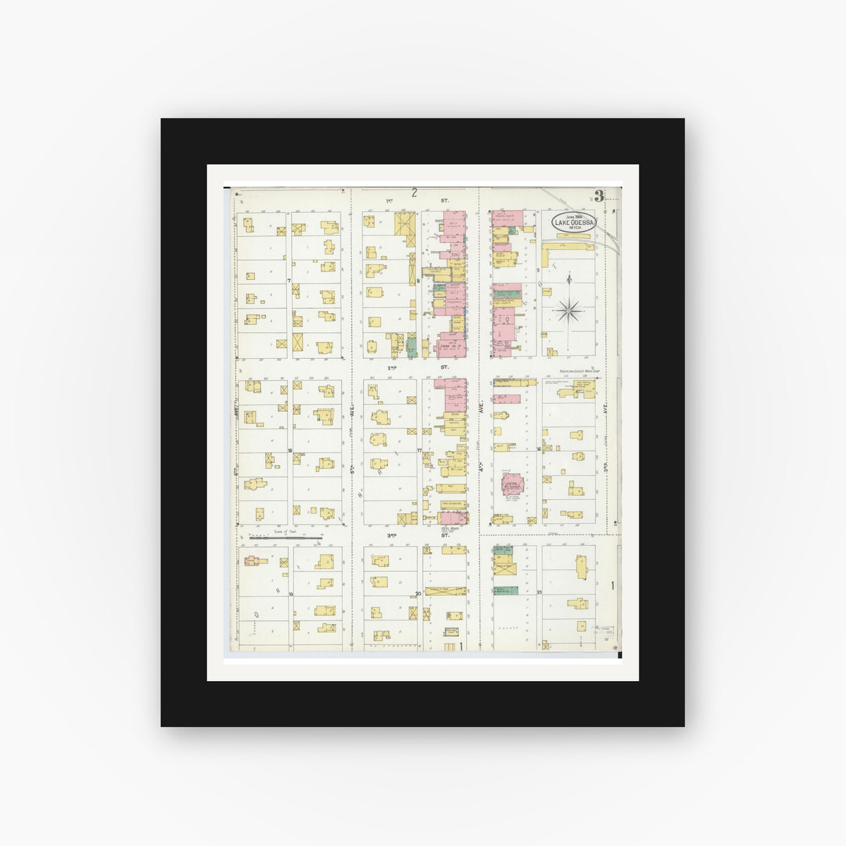 Old map wall art mockup — black gallery frame with white mat — Sanborn Fire Insurance Map from Lake Odessa, Ionia County, Michigan (1904), Sheet #0003