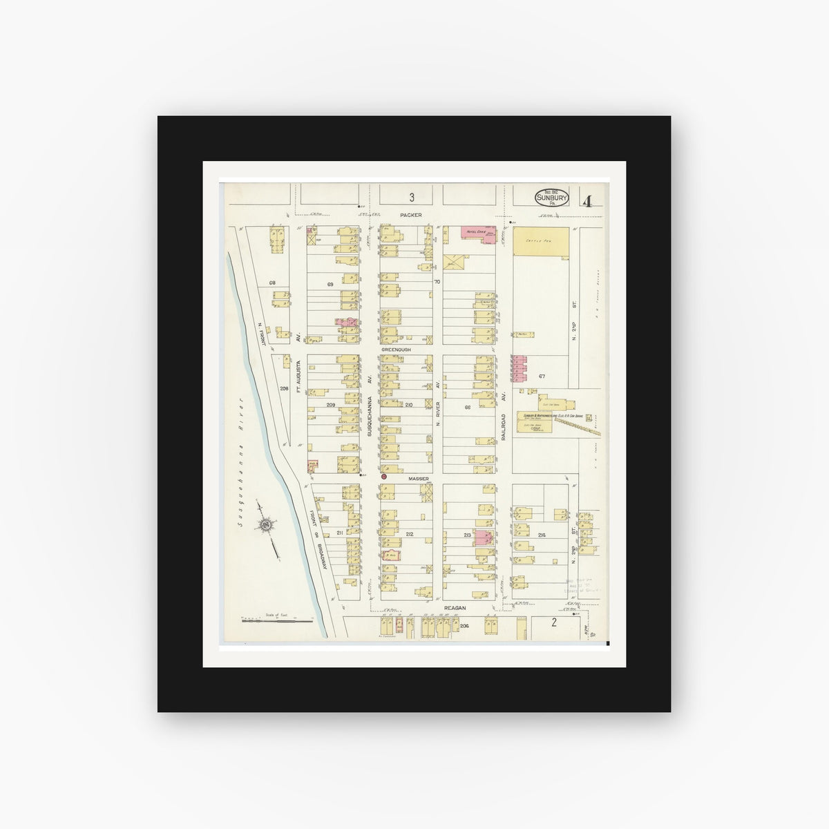 Old map wall art mockup — black gallery frame with white mat — Sanborn Fire Insurance Map from Sunbury, Northumberland County, Pennsylvania (1912), Sheet #0004