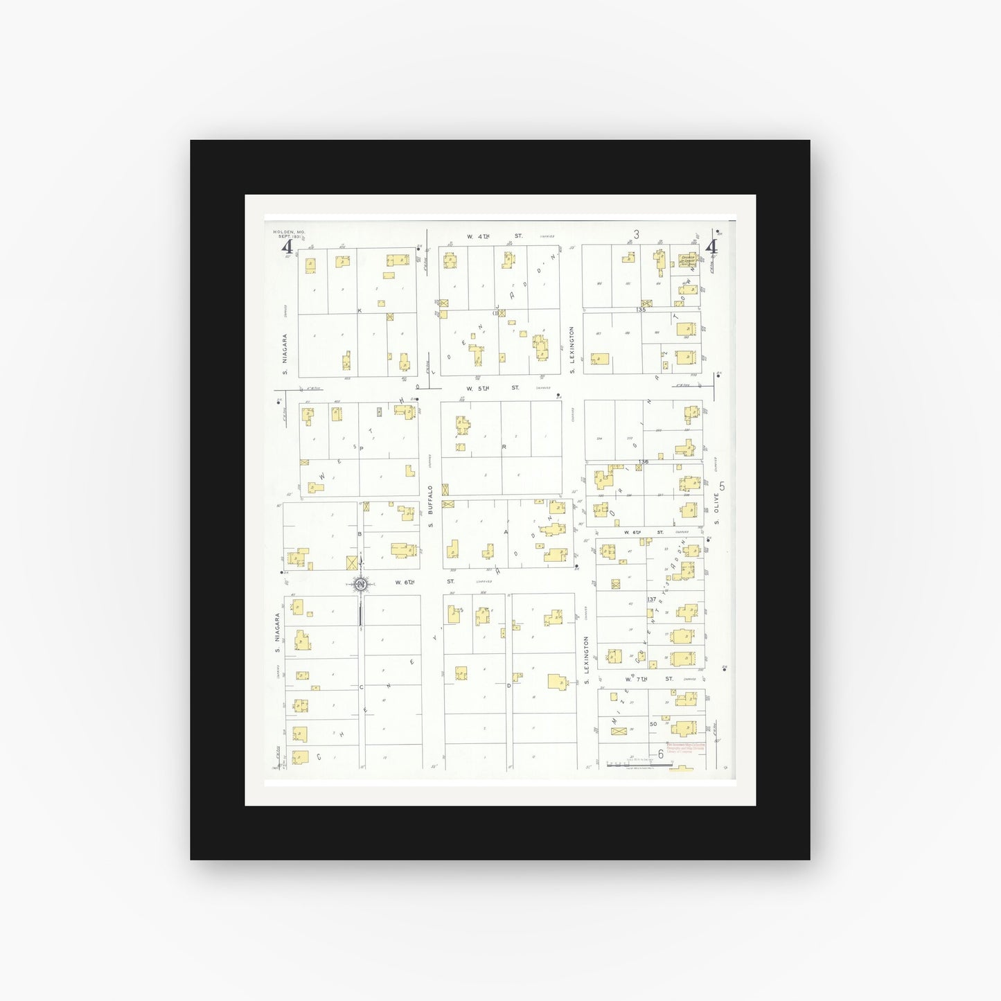 Old map wall art mockup — black gallery frame with white mat — Sanborn Fire Insurance Map from Holden, Johnson County, Missouri (1931), Sheet #0004