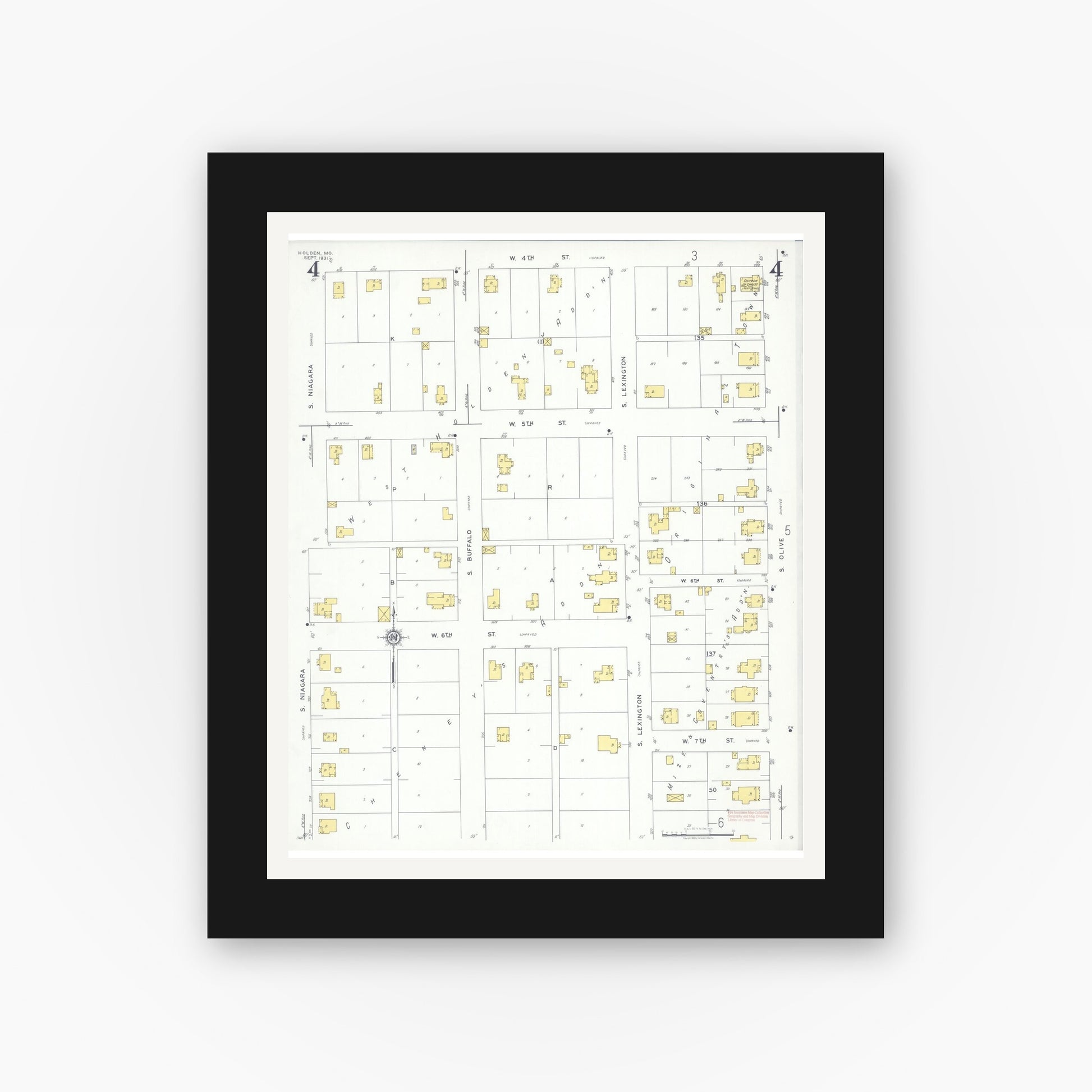 Old map wall art mockup — black gallery frame with white mat — Sanborn Fire Insurance Map from Holden, Johnson County, Missouri (1931), Sheet #0004
