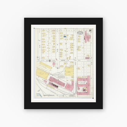 Old map wall art mockup — black gallery frame with white mat — Sanborn Fire Insurance Map from Holland, Ottawa County, Michigan (1916), Sheet #0016