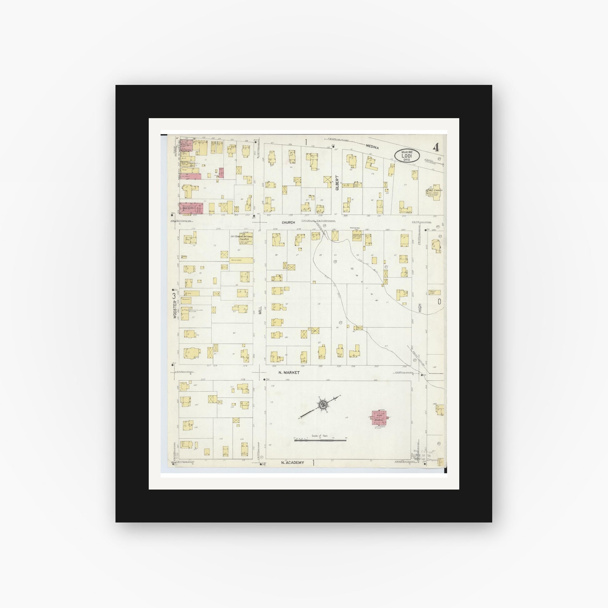 Old map wall art mockup — black gallery frame with white mat — Sanborn Fire Insurance Map from Lodi, Medina County, Ohio (1912), Sheet #0004