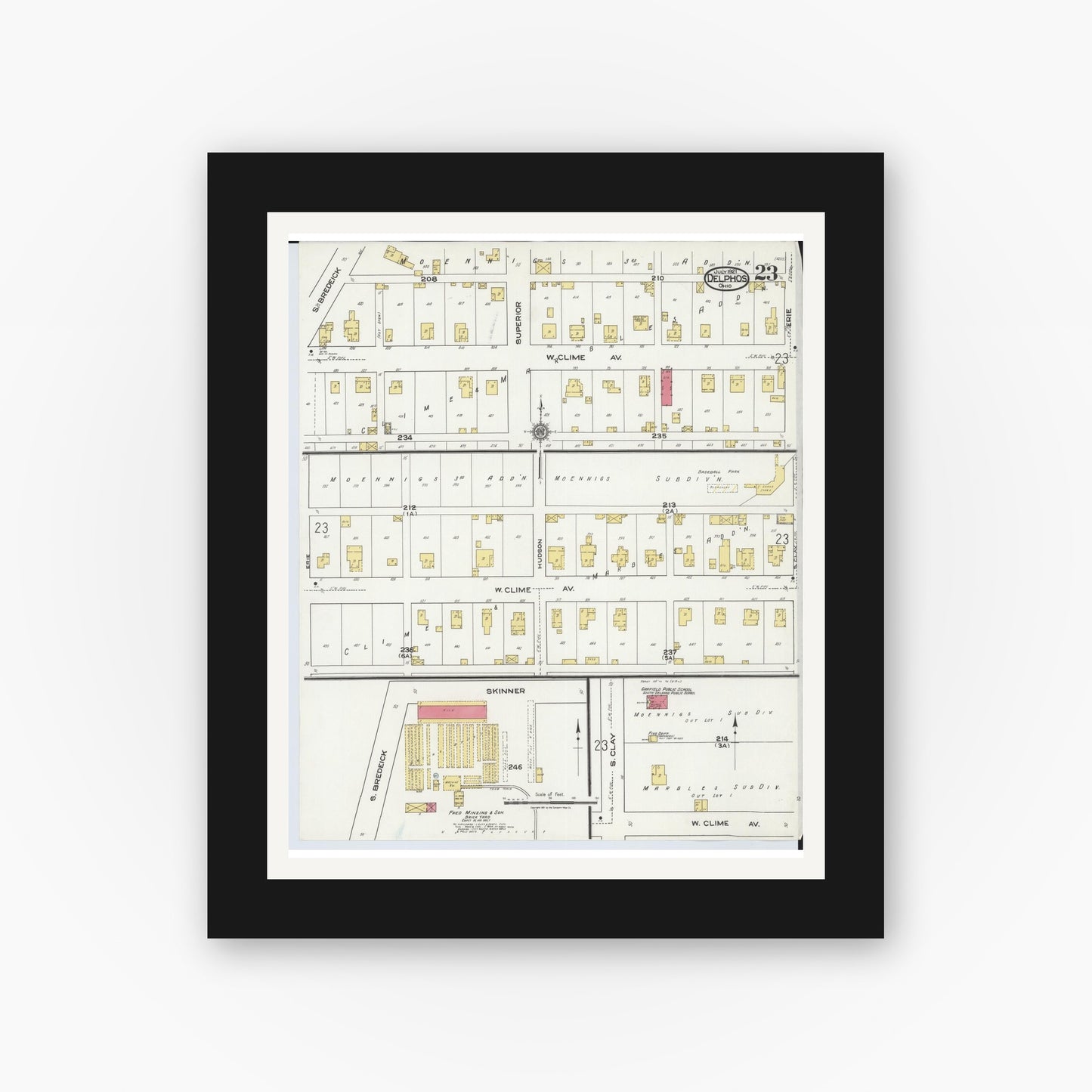 Old map wall art mockup — black gallery frame with white mat — Sanborn Fire Insurance Map from Delphos, Van Wert And Allen Counties, Ohio (1921), Sheet #0023
