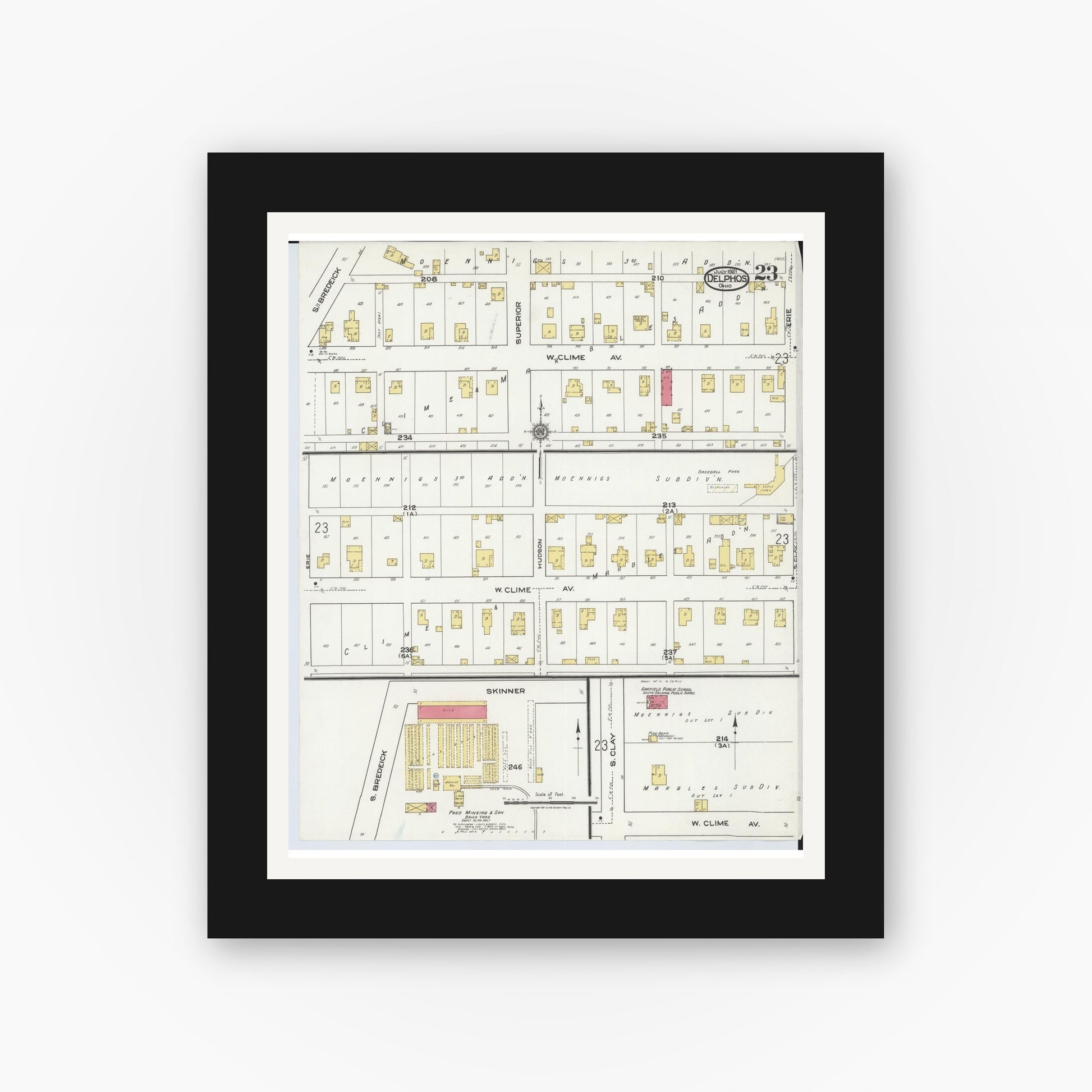 Old map wall art mockup — black gallery frame with white mat — Sanborn Fire Insurance Map from Delphos, Van Wert And Allen Counties, Ohio (1921), Sheet #0023