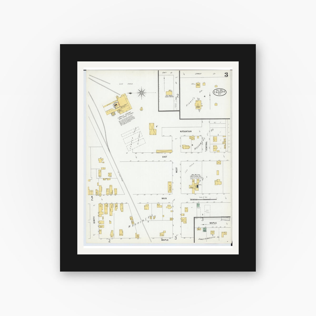 Old map wall art mockup — black gallery frame with white mat — Sanborn Fire Insurance Map from Cadott, Chippewa County, Wisconsin (1900), Sheet #0003
