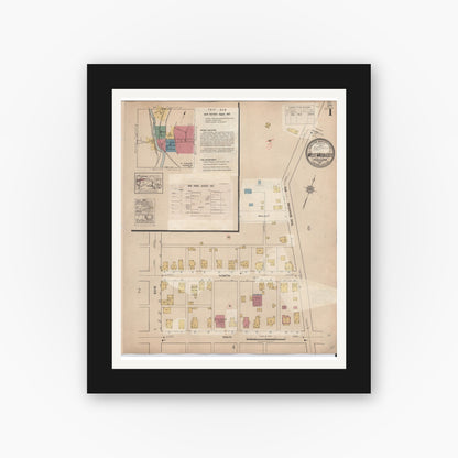 Old map wall art mockup — black gallery frame with white mat — Sanborn Fire Insurance Map from West Middlesex, Mercer County, Pennsylvania (1937), Sheet #0001