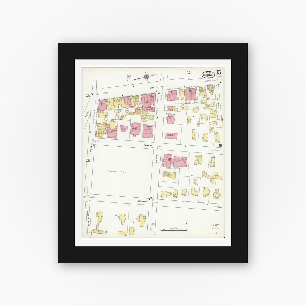 Old map wall art mockup — black gallery frame with white mat — Sanborn Fire Insurance Map from Clinton, Worcester County, Massachusetts (1911), Sheet #0015