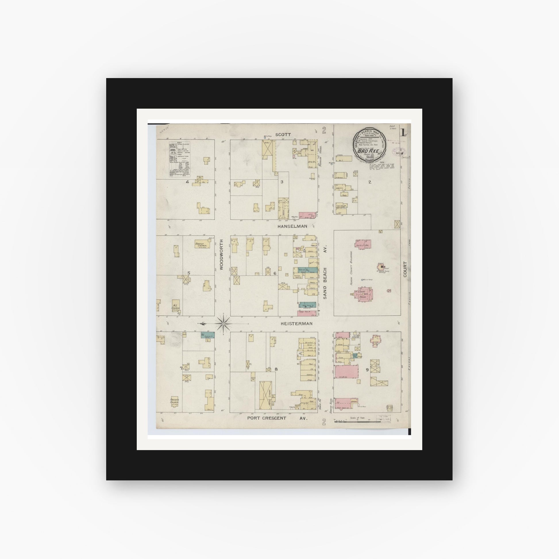 Old map wall art mockup — black gallery frame with white mat — Sanborn Fire Insurance Map from Bad Axe, Huron County, Michigan (1893), Sheet #0001