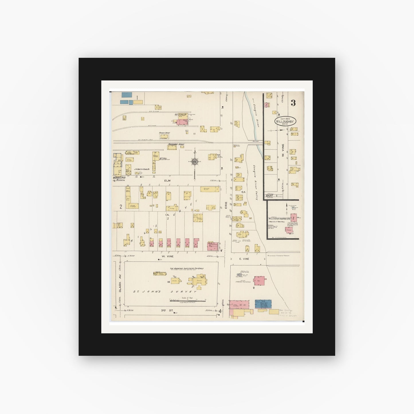Old map wall art mockup — black gallery frame with white mat — Sanborn Fire Insurance Map from Willoughby, Lake County, Ohio (1922), Sheet #0003
