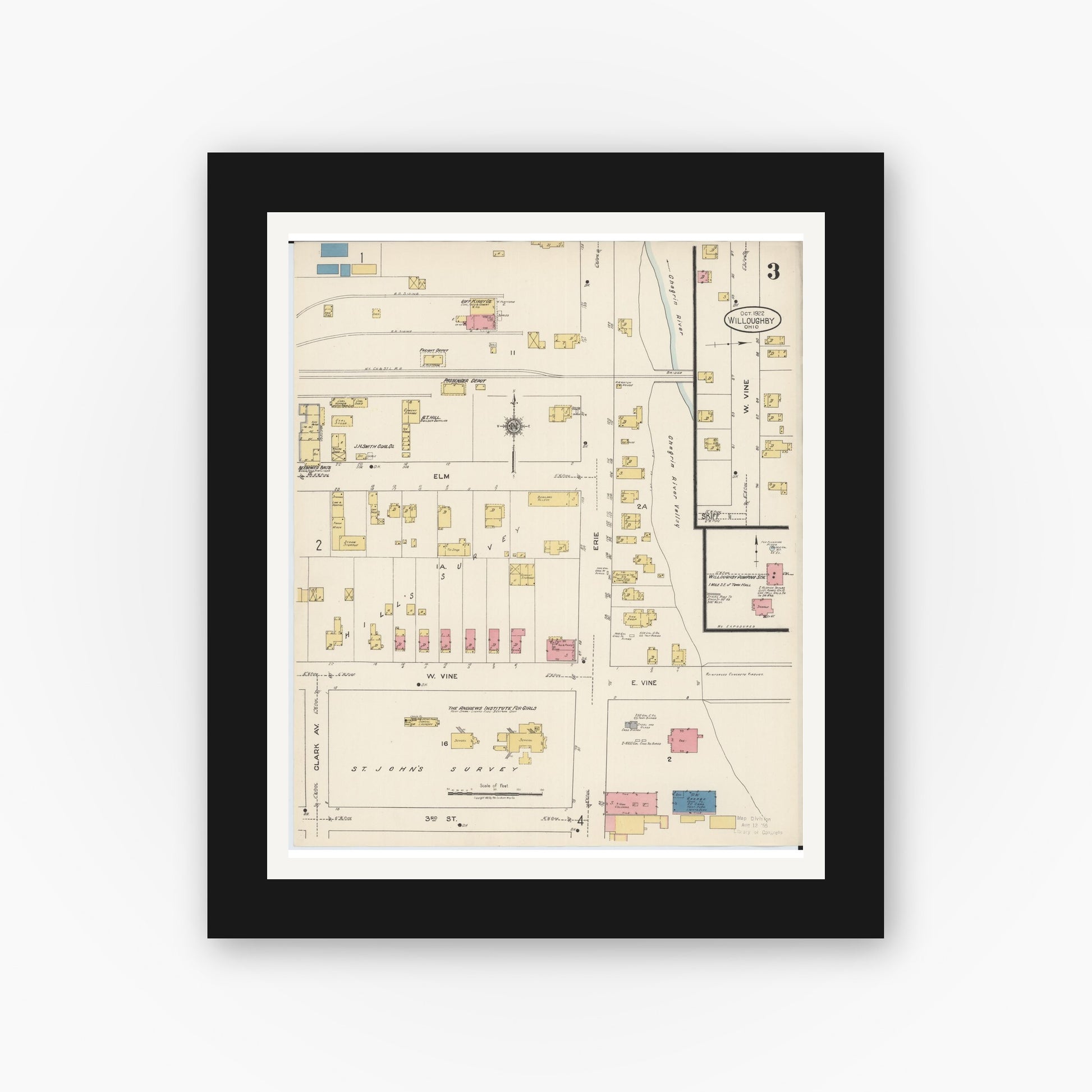 Old map wall art mockup — black gallery frame with white mat — Sanborn Fire Insurance Map from Willoughby, Lake County, Ohio (1922), Sheet #0003