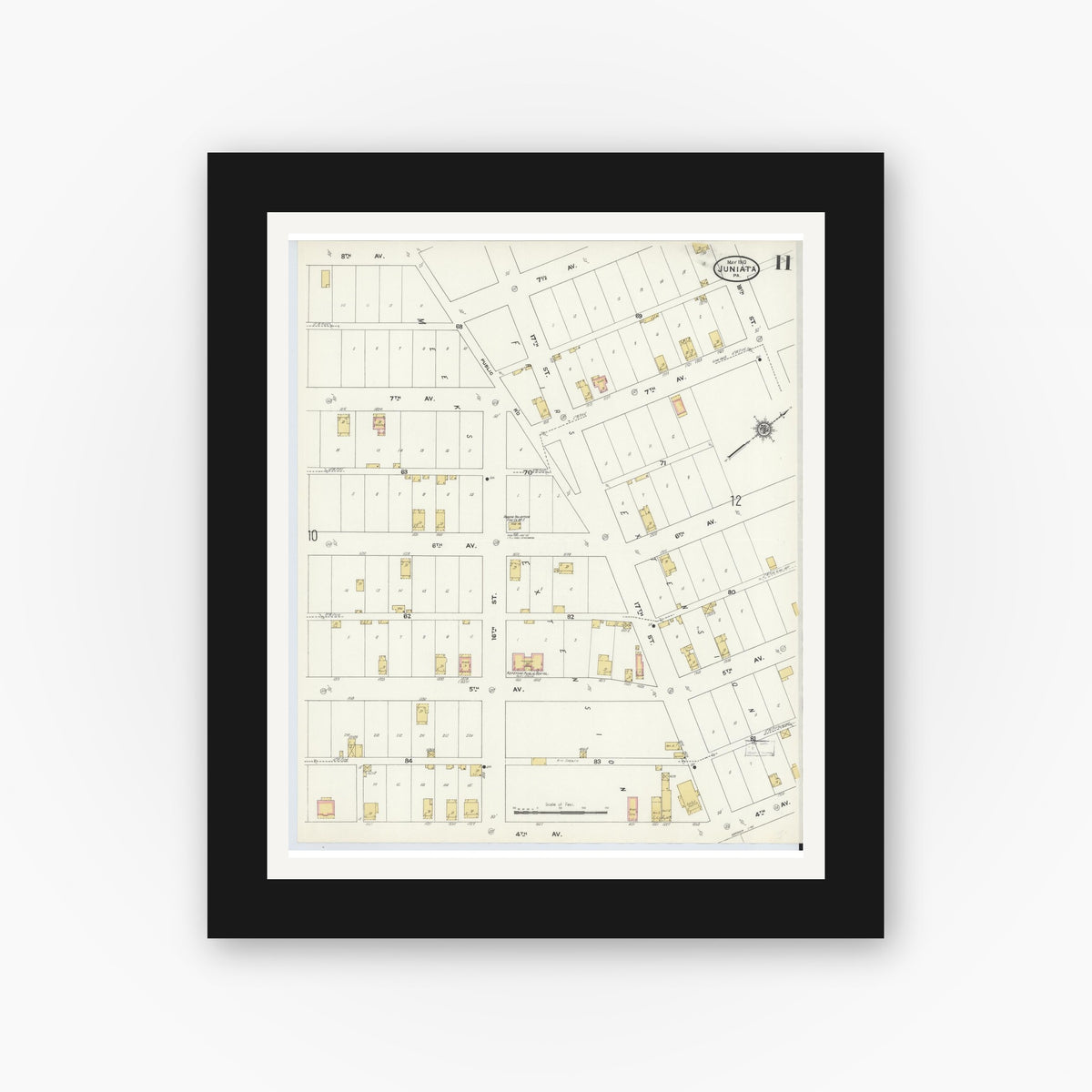 Old map wall art mockup — black gallery frame with white mat — Sanborn Fire Insurance Map from Juniata, Blair County, Pennsylvania (1910), Sheet #0011