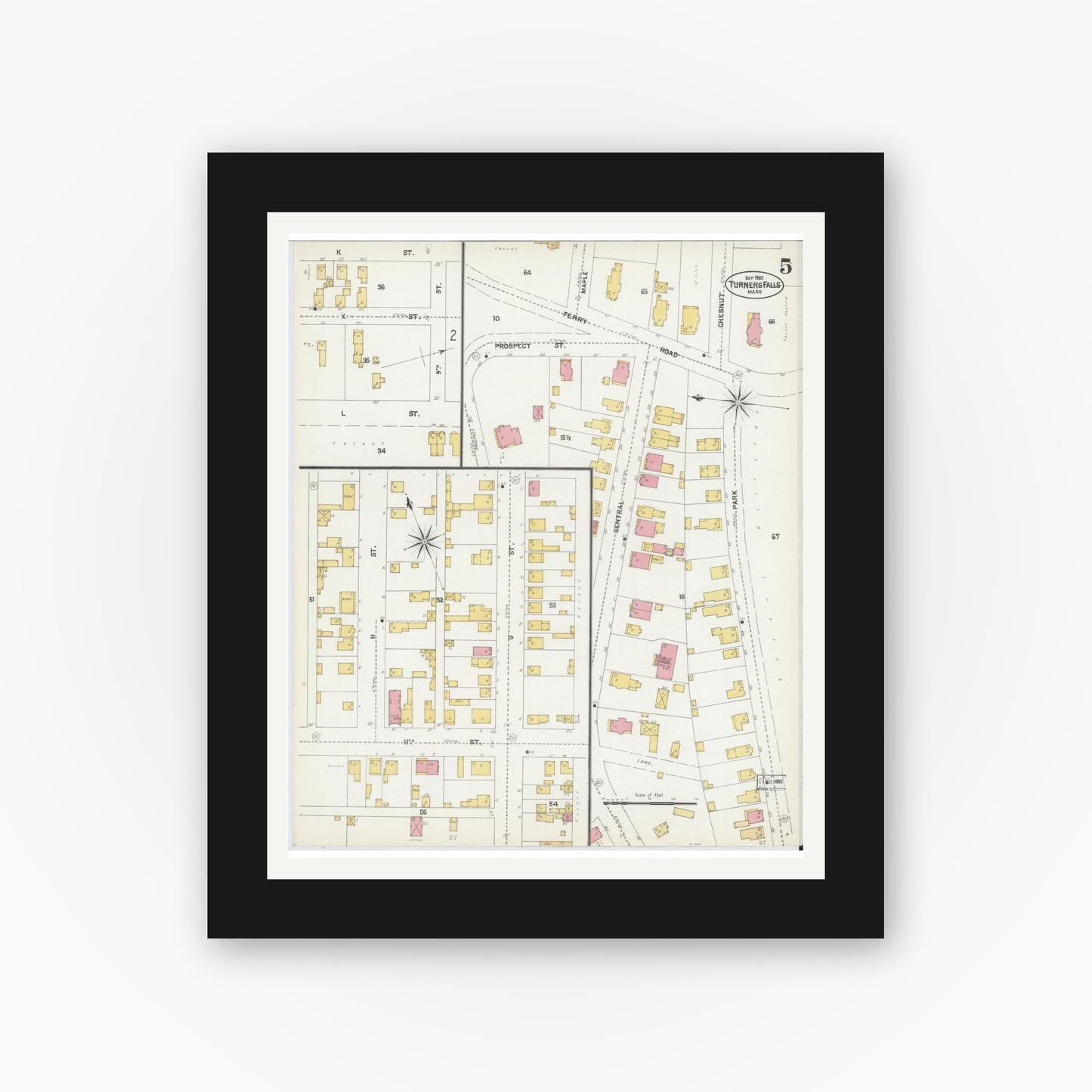 Old map wall art mockup — black gallery frame with white mat — Sanborn Fire Insurance Map from Turners Falls, Franklin County, Massachusetts (1902), Sheet #0005