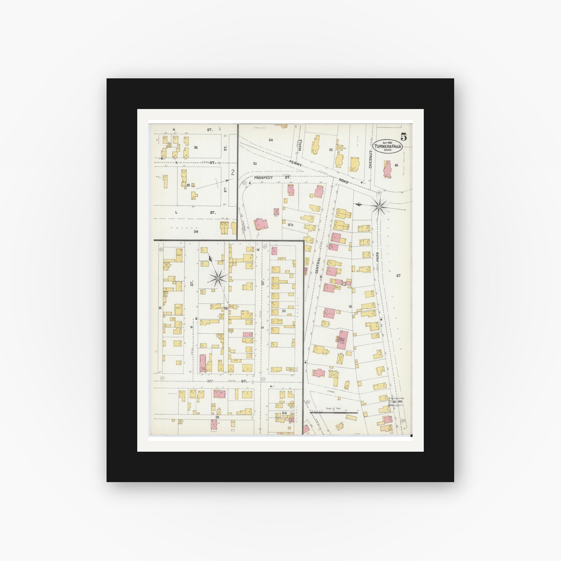 Old map wall art mockup — black gallery frame with white mat — Sanborn Fire Insurance Map from Turners Falls, Franklin County, Massachusetts (1902), Sheet #0005