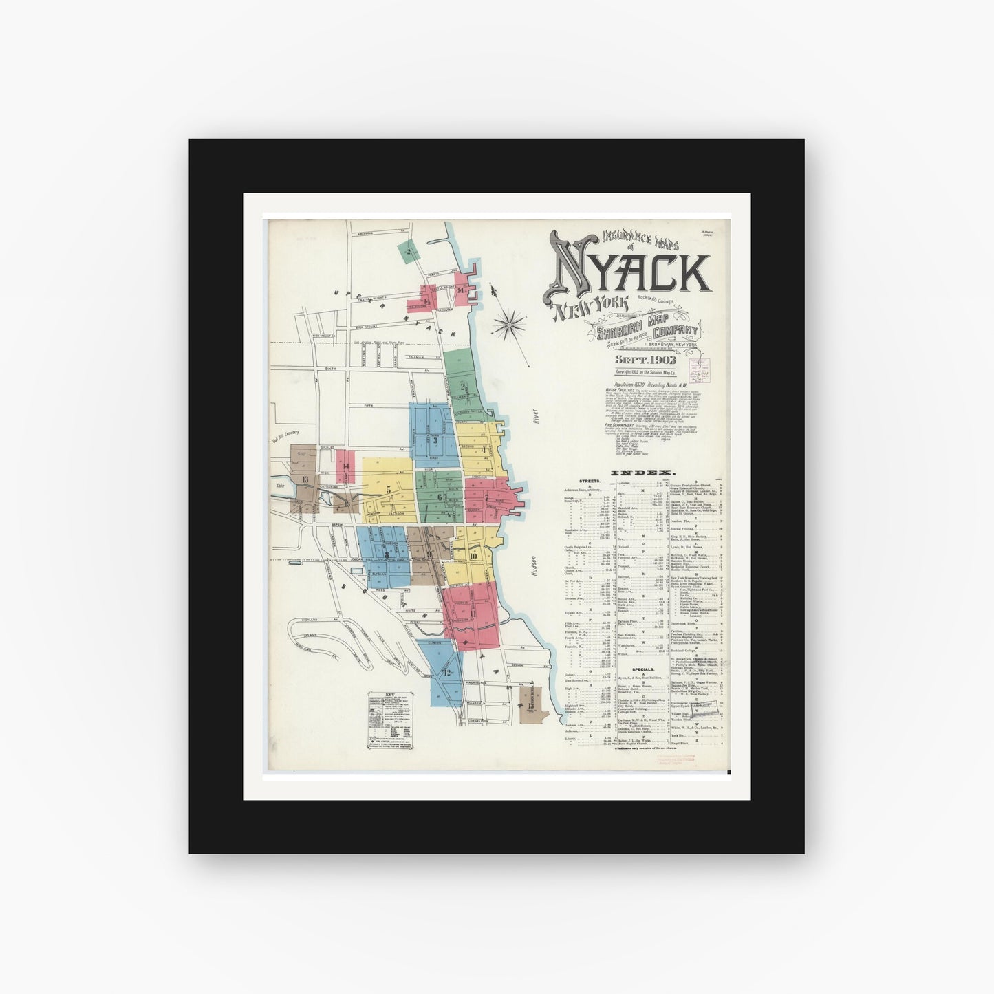 Old map wall art mockup — black gallery frame with white mat — Sanborn Fire Insurance Map from Nyack, Rockland County, New York. (1903), Sheet #0000