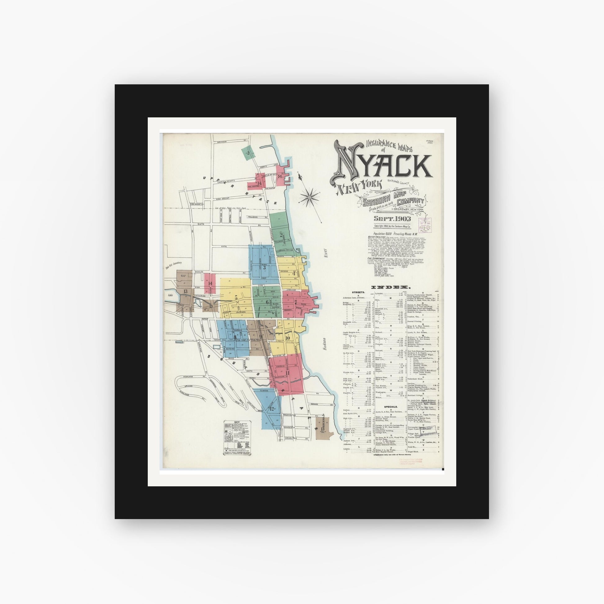 Old map wall art mockup — black gallery frame with white mat — Sanborn Fire Insurance Map from Nyack, Rockland County, New York. (1903), Sheet #0000