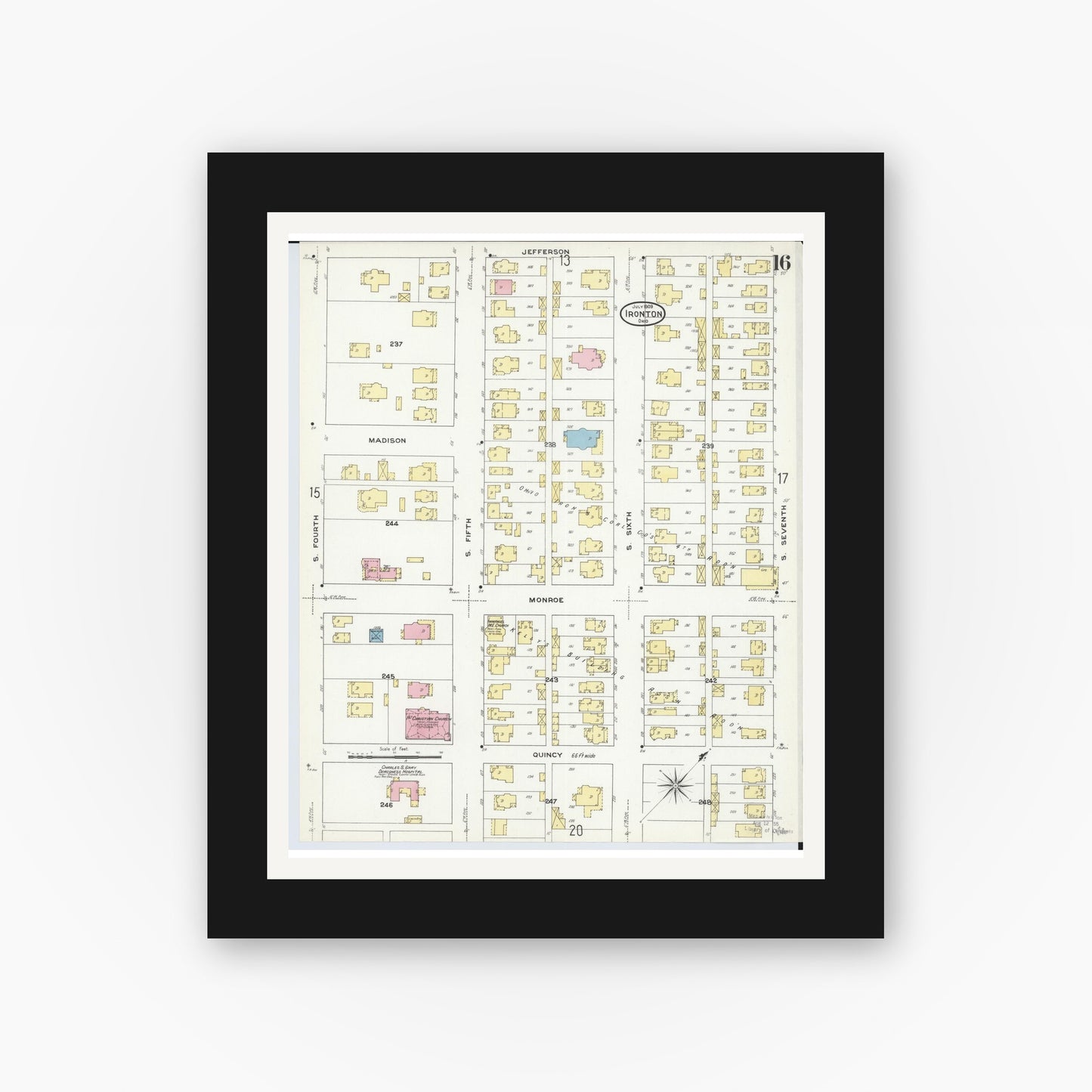 Old map wall art mockup — black gallery frame with white mat — Sanborn Fire Insurance Map from Ironton, Lawrence County, Ohio (1909), Sheet #0016