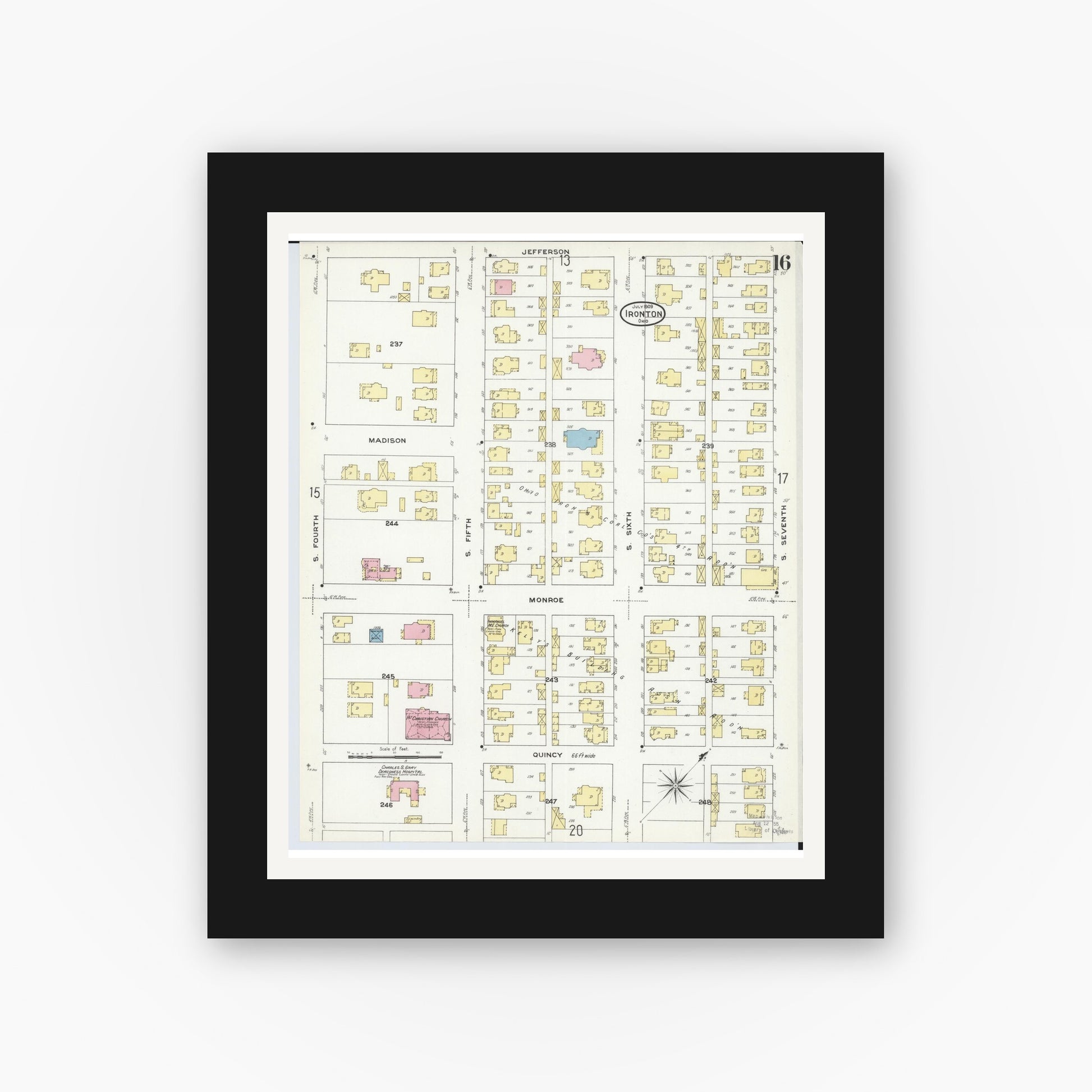 Old map wall art mockup — black gallery frame with white mat — Sanborn Fire Insurance Map from Ironton, Lawrence County, Ohio (1909), Sheet #0016