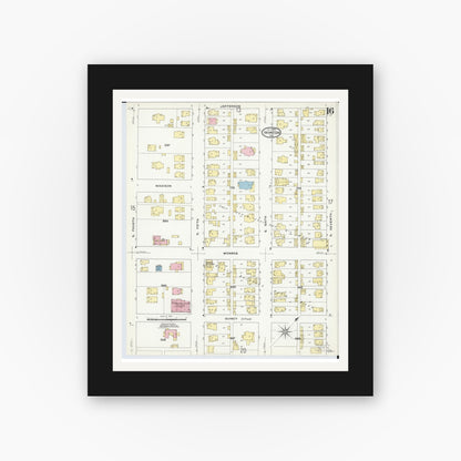 Old map wall art mockup — black gallery frame with white mat — Sanborn Fire Insurance Map from Ironton, Lawrence County, Ohio (1909), Sheet #0016