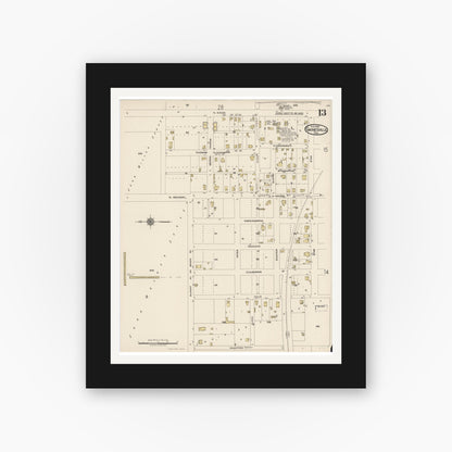 Old map wall art mockup — black gallery frame with white mat — Sanborn Fire Insurance Map from Gainesville, Cooke County, Texas (1922), Sheet #0013