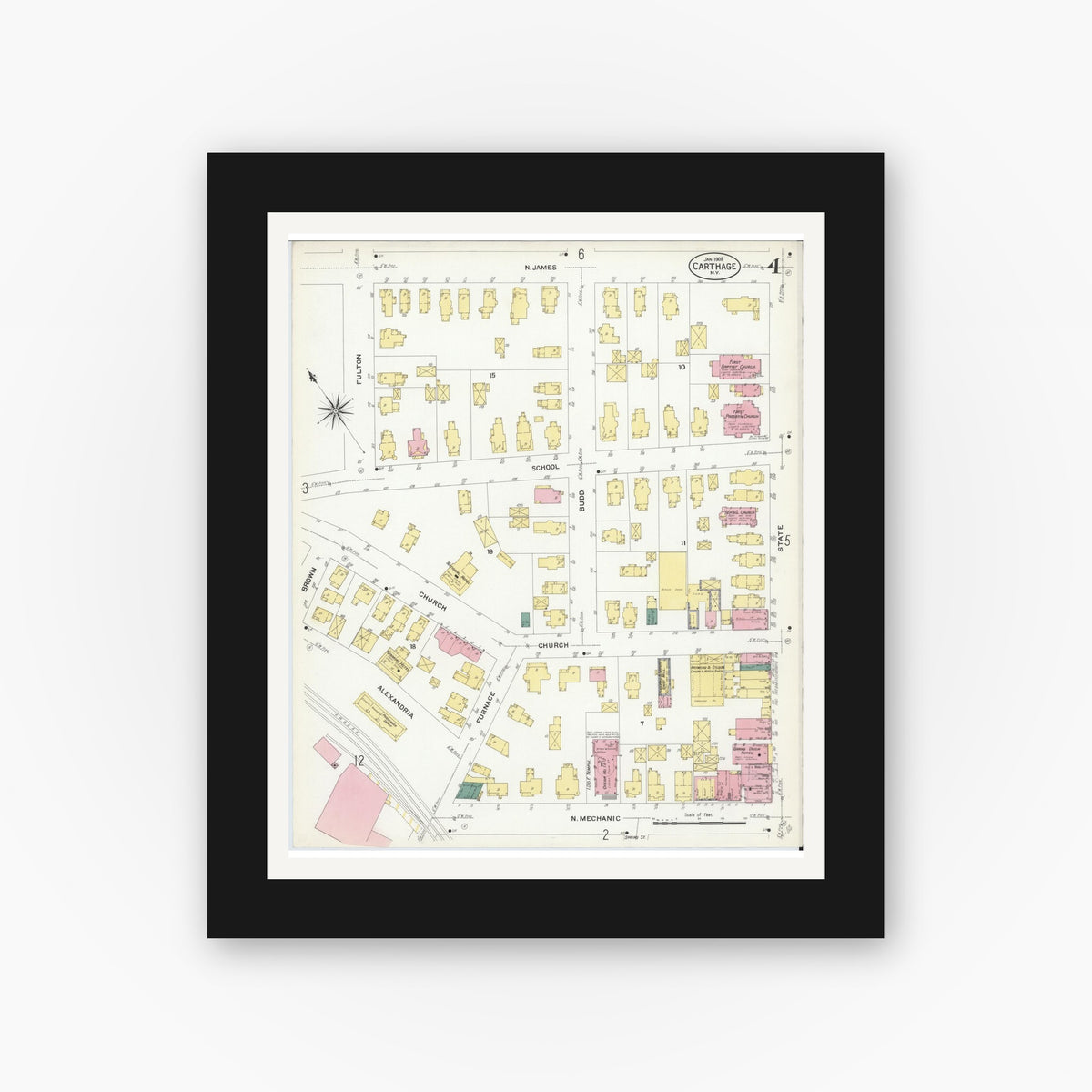 Old map wall art mockup — black gallery frame with white mat — Sanborn Fire Insurance Map from Carthage, Jefferson County, New York (1908), Sheet #0004