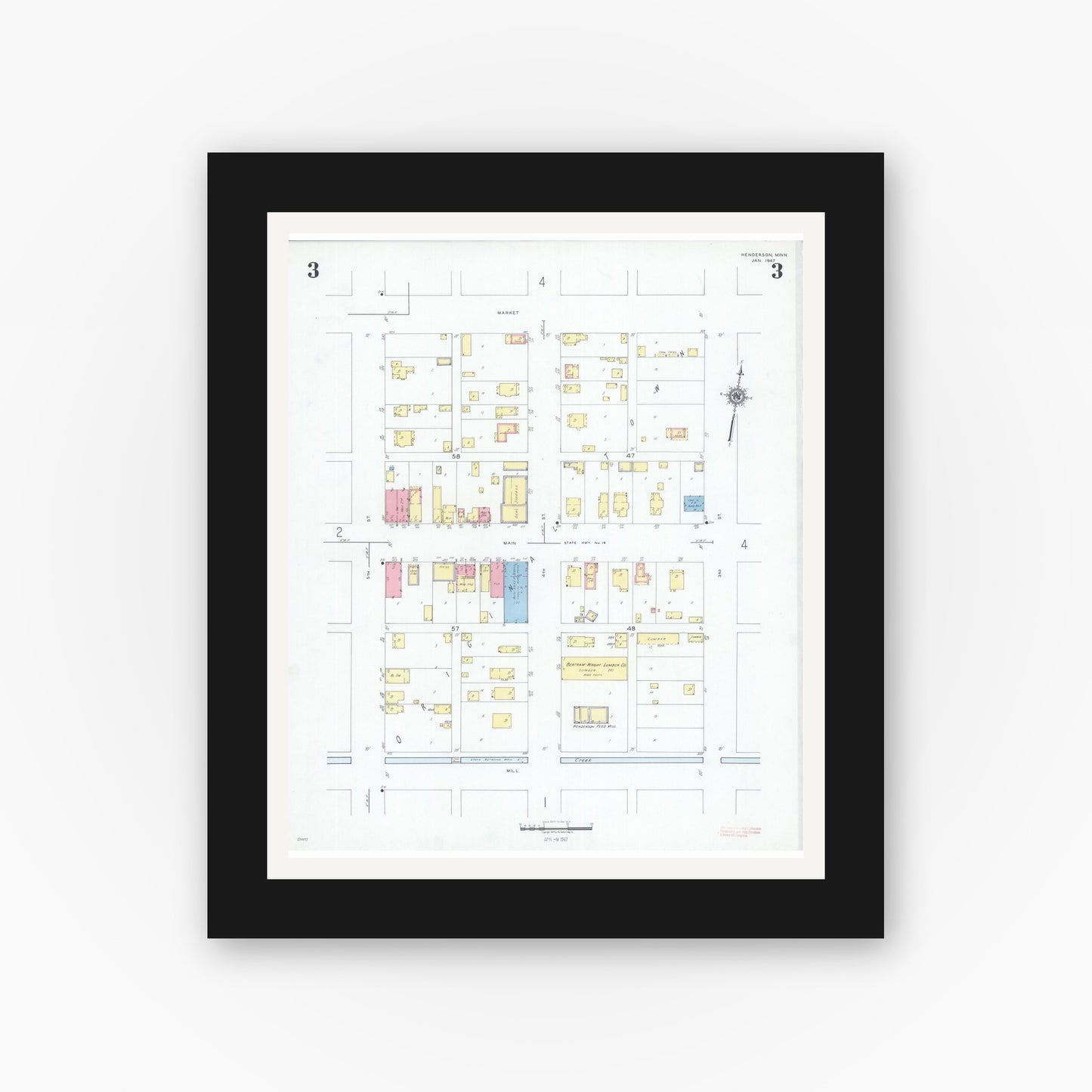 Old map wall art mockup — black gallery frame with white mat — Sanborn Fire Insurance Map from Henderson, Sibley County, Minnesota (1947), Sheet #0003