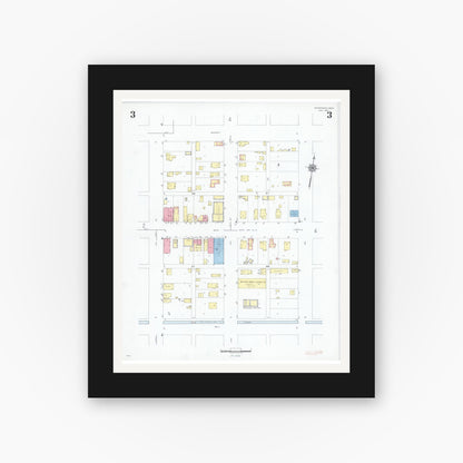 Old map wall art mockup — black gallery frame with white mat — Sanborn Fire Insurance Map from Henderson, Sibley County, Minnesota (1947), Sheet #0003