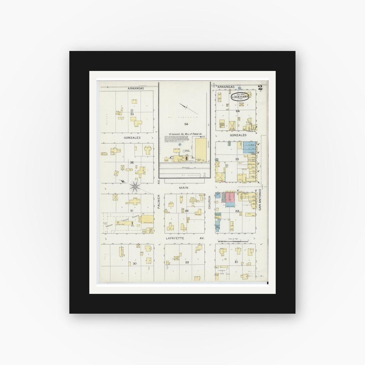 Old map wall art mockup — black gallery frame with white mat — Sanborn Fire Insurance Map from Lockhart, Caldwell County, Texas (1894), Sheet #0002