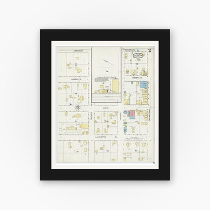 Old map wall art mockup — black gallery frame with white mat — Sanborn Fire Insurance Map from Lockhart, Caldwell County, Texas (1894), Sheet #0002