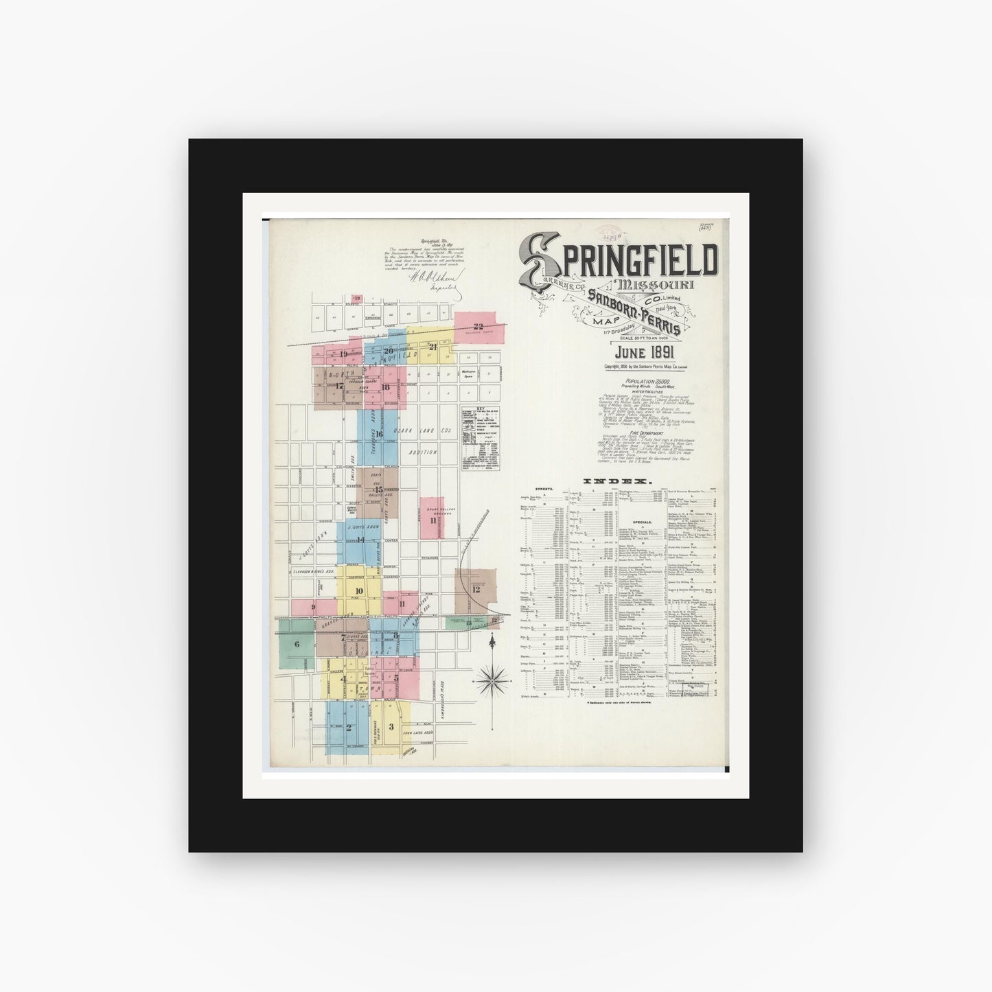 Old map wall art mockup — black gallery frame with white mat — Sanborn Fire Insurance Map from Springfield, Greene County, Missouri (1891) - Complete Map Set