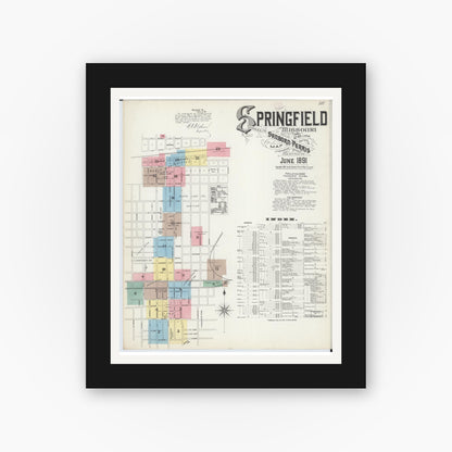 Old map wall art mockup — black gallery frame with white mat — Sanborn Fire Insurance Map from Springfield, Greene County, Missouri (1891) - Complete Map Set