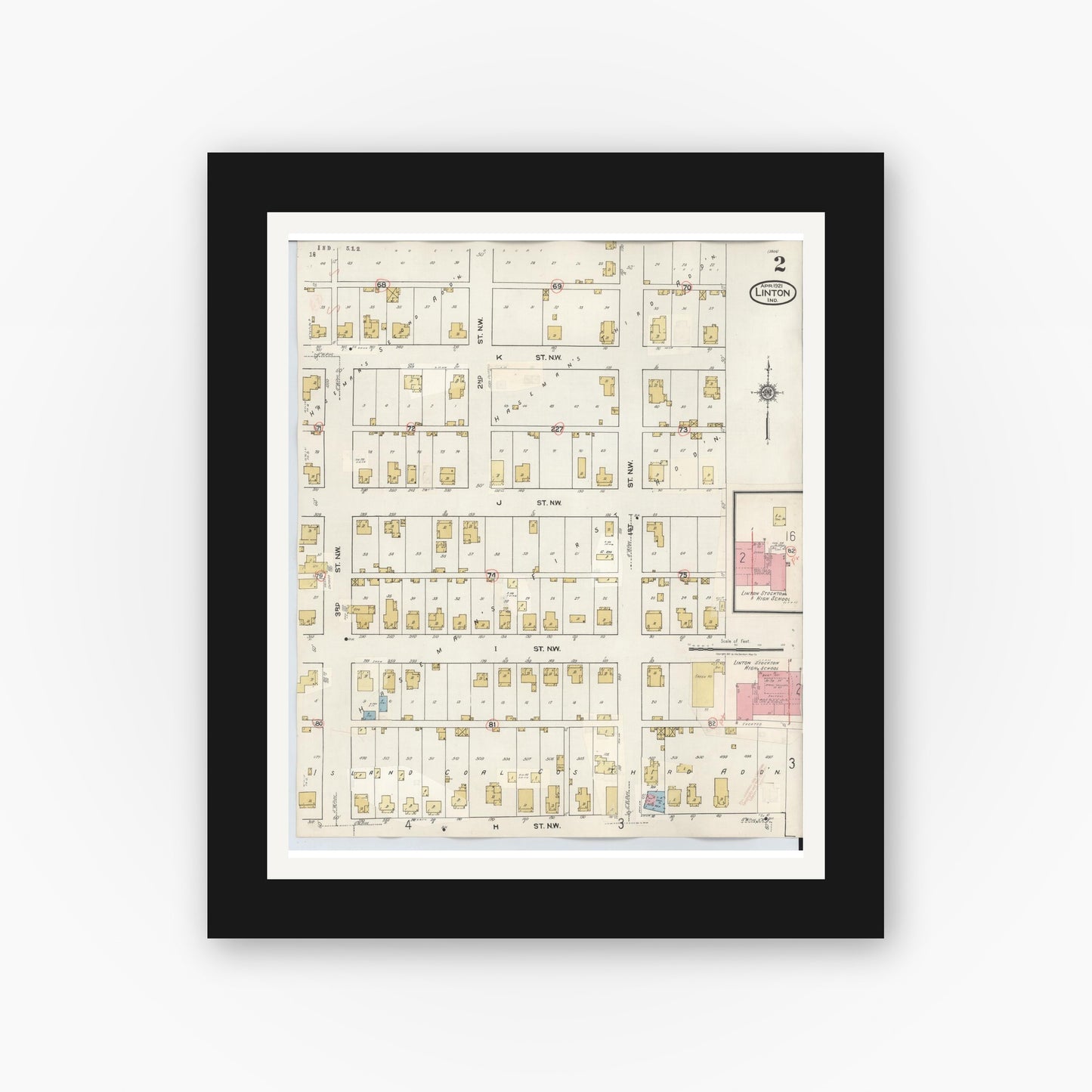 Old map wall art mockup — black gallery frame with white mat — Sanborn Fire Insurance Map from Linton, Greene County, Indiana (1948), Sheet #0002