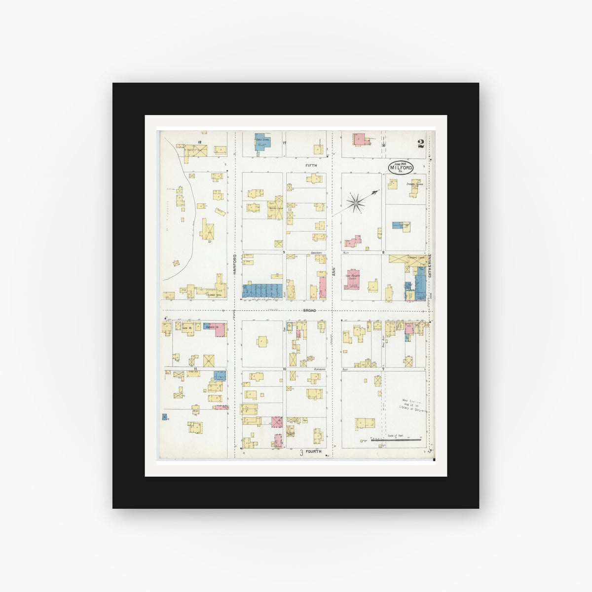 Old map wall art mockup — black gallery frame with white mat — Sanborn Fire Insurance Map from Milford, Pike County, Pennsylvania (1905), Sheet #0002