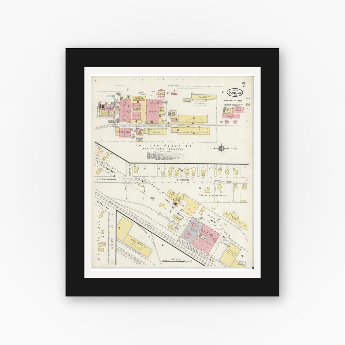 Old map wall art mockup — black gallery frame with white mat — Sanborn Fire Insurance Map from Dunkirk, Jay And Blackford Counties, Indiana (1915), Sheet #0007