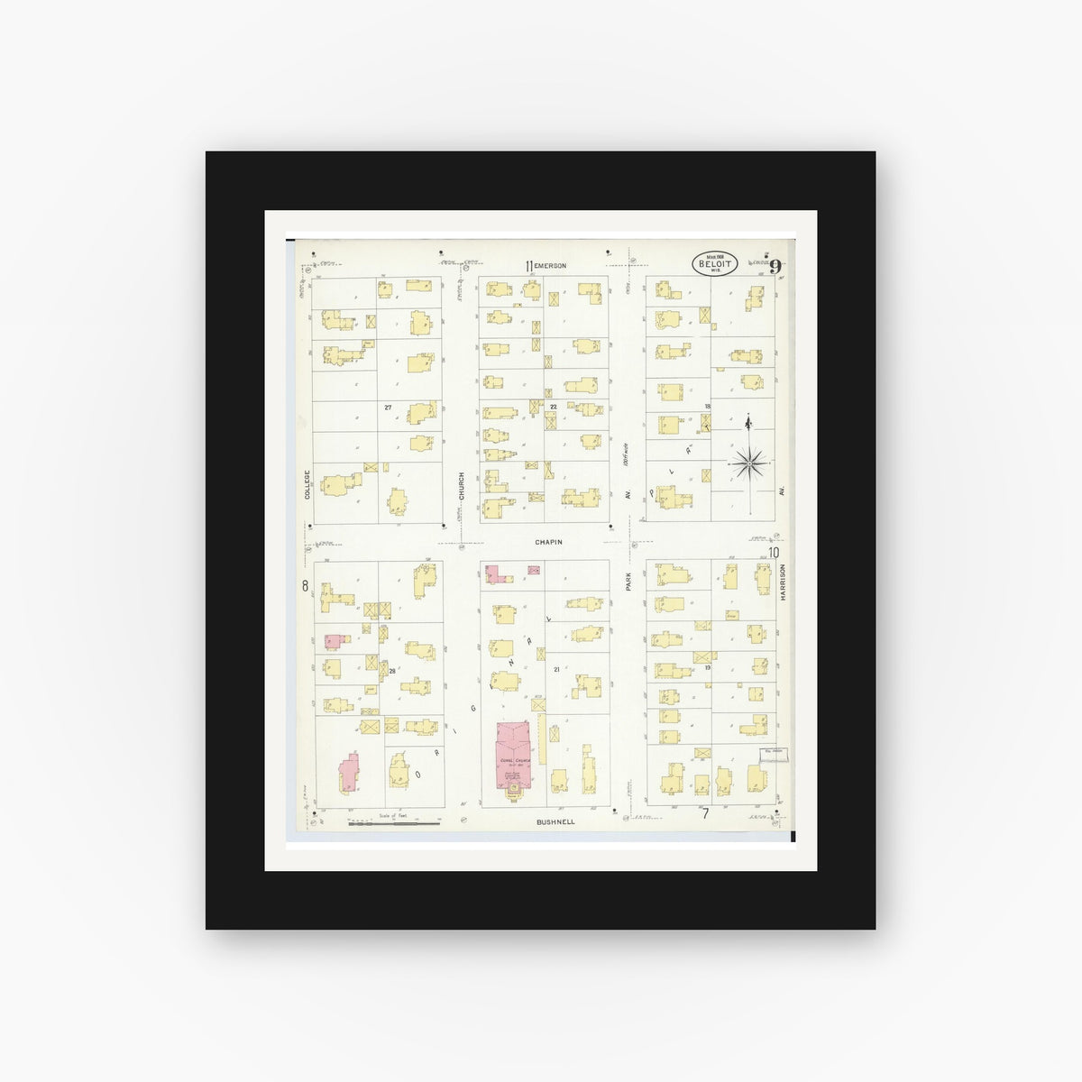 Old map wall art mockup — black gallery frame with white mat — Sanborn Fire Insurance Map from Beloit, Rock County, Wisconsin (1908), Sheet #0009